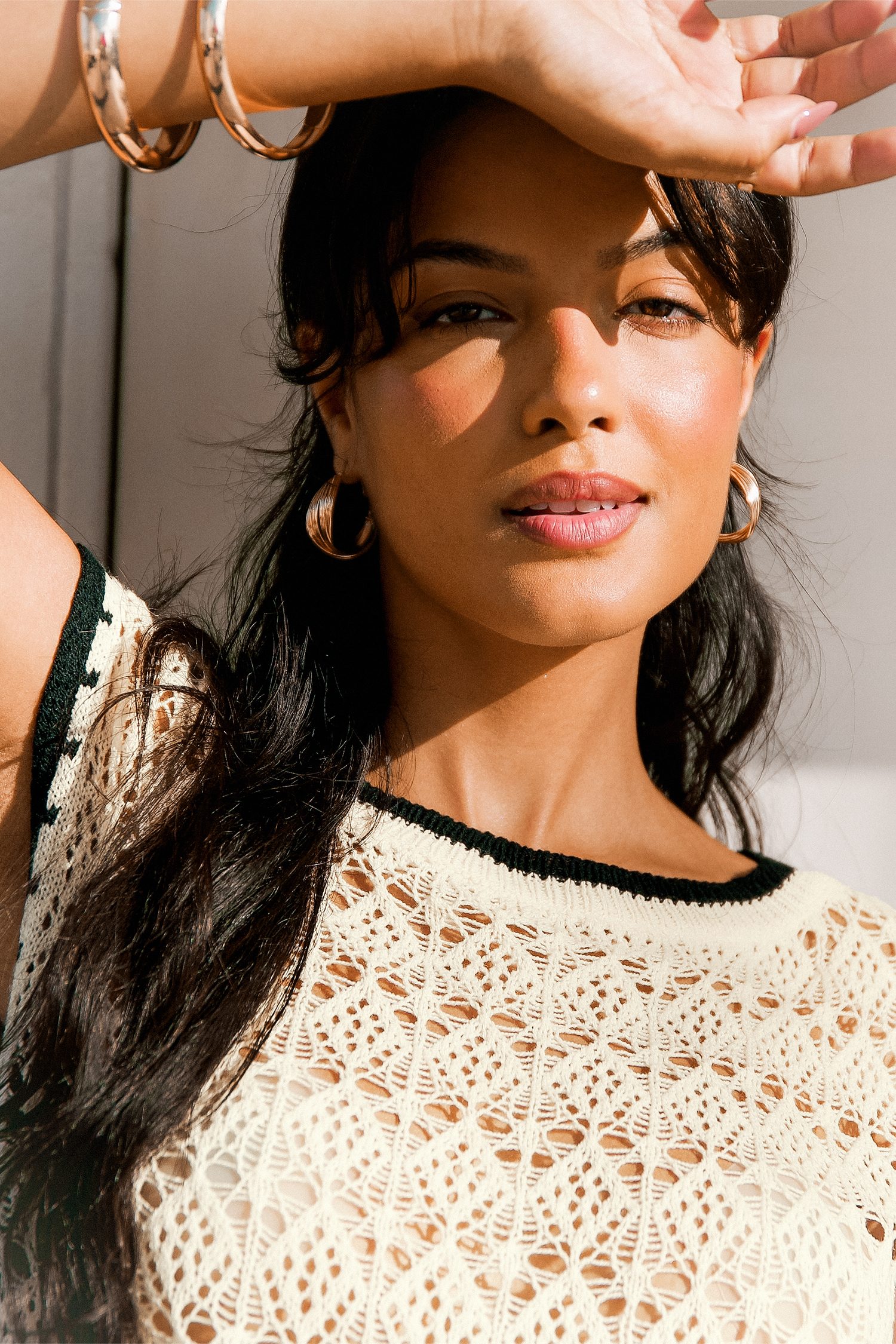 Beiges Kurzarm Strick-Strandtop