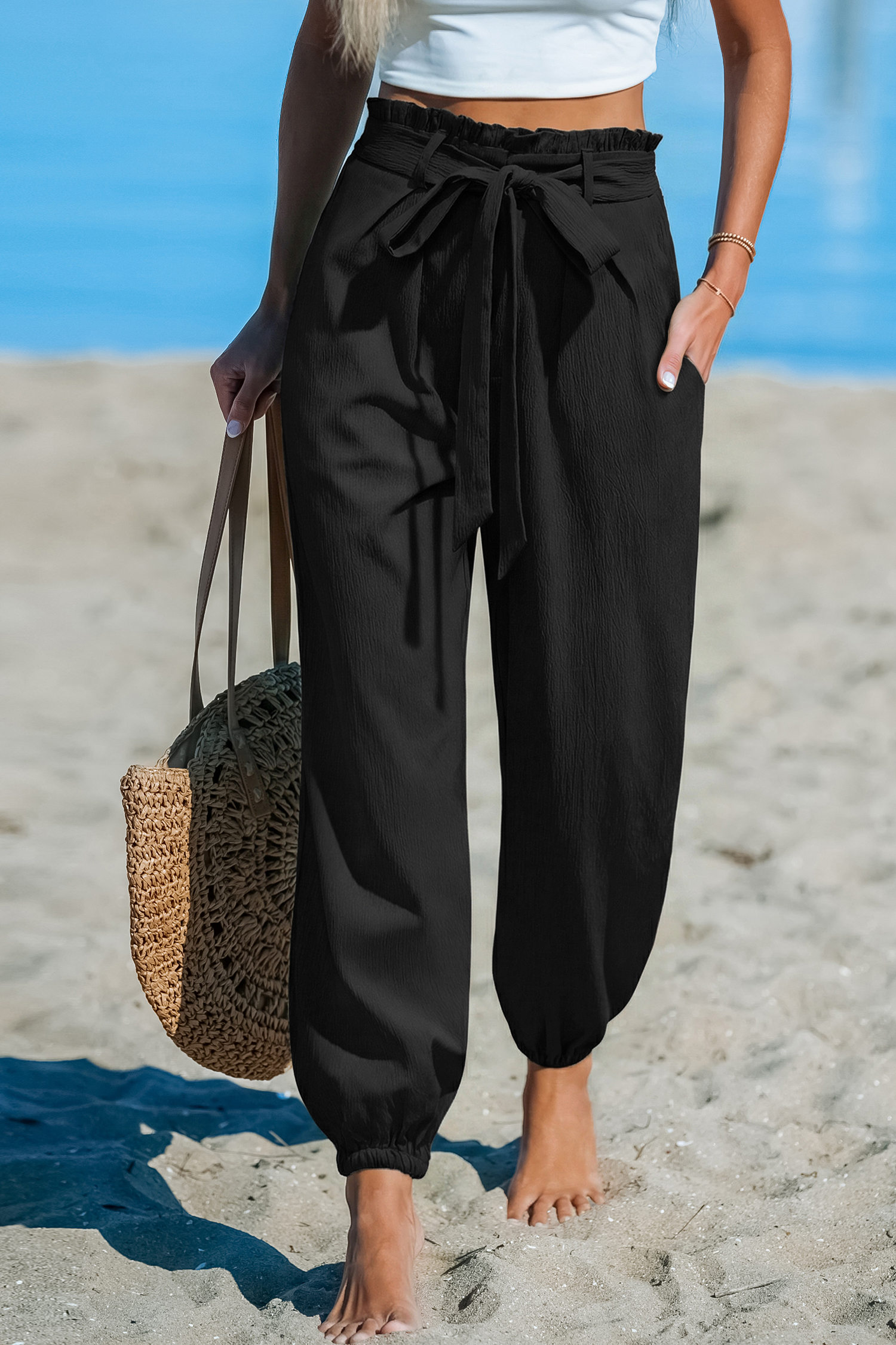 Pantalon noir taille froncée