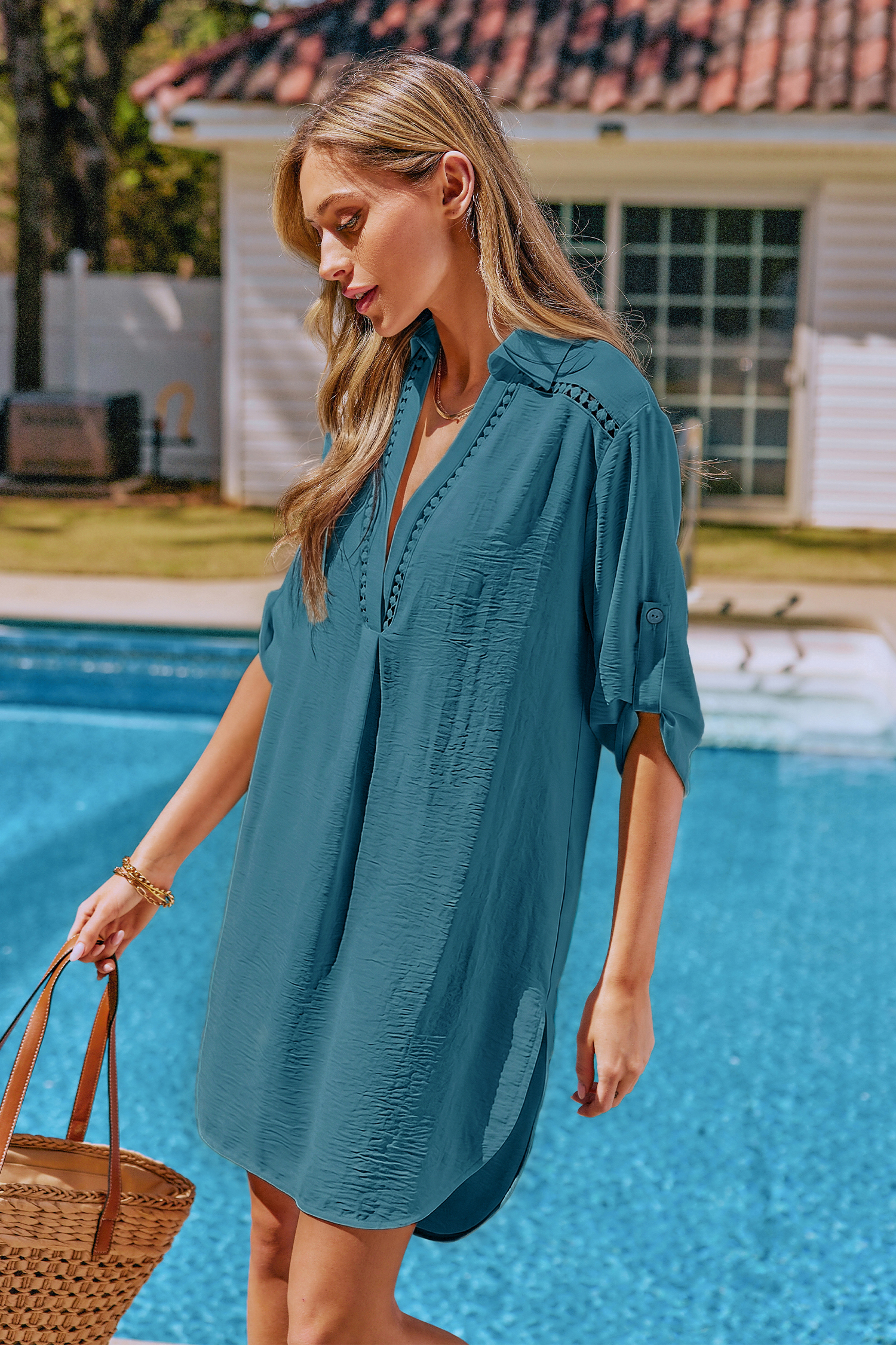 Robe cover up courte bleue col chemise