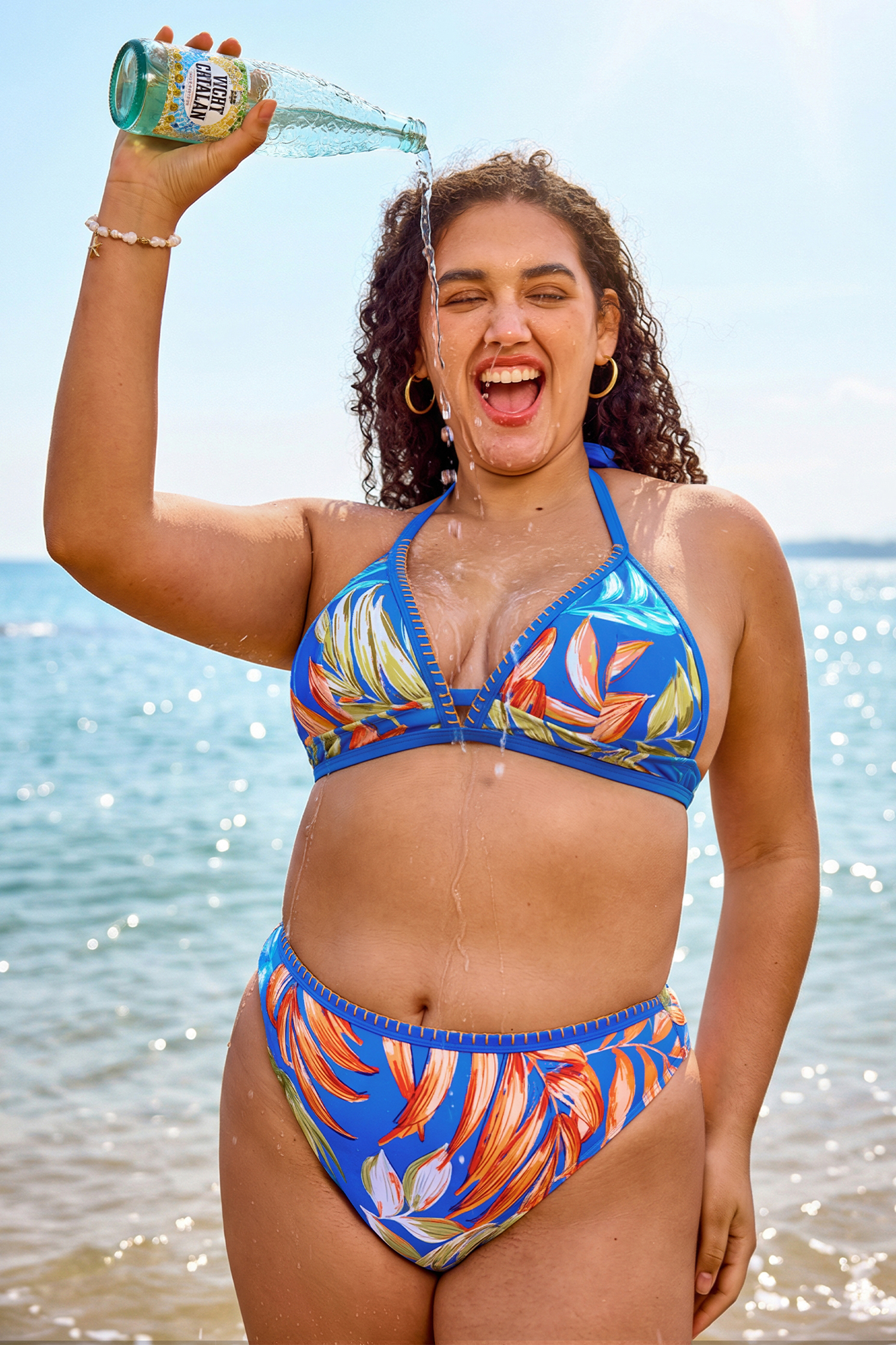 Tropical Print Whip Stitch Bikini Top & High-Rise Bottoms Set