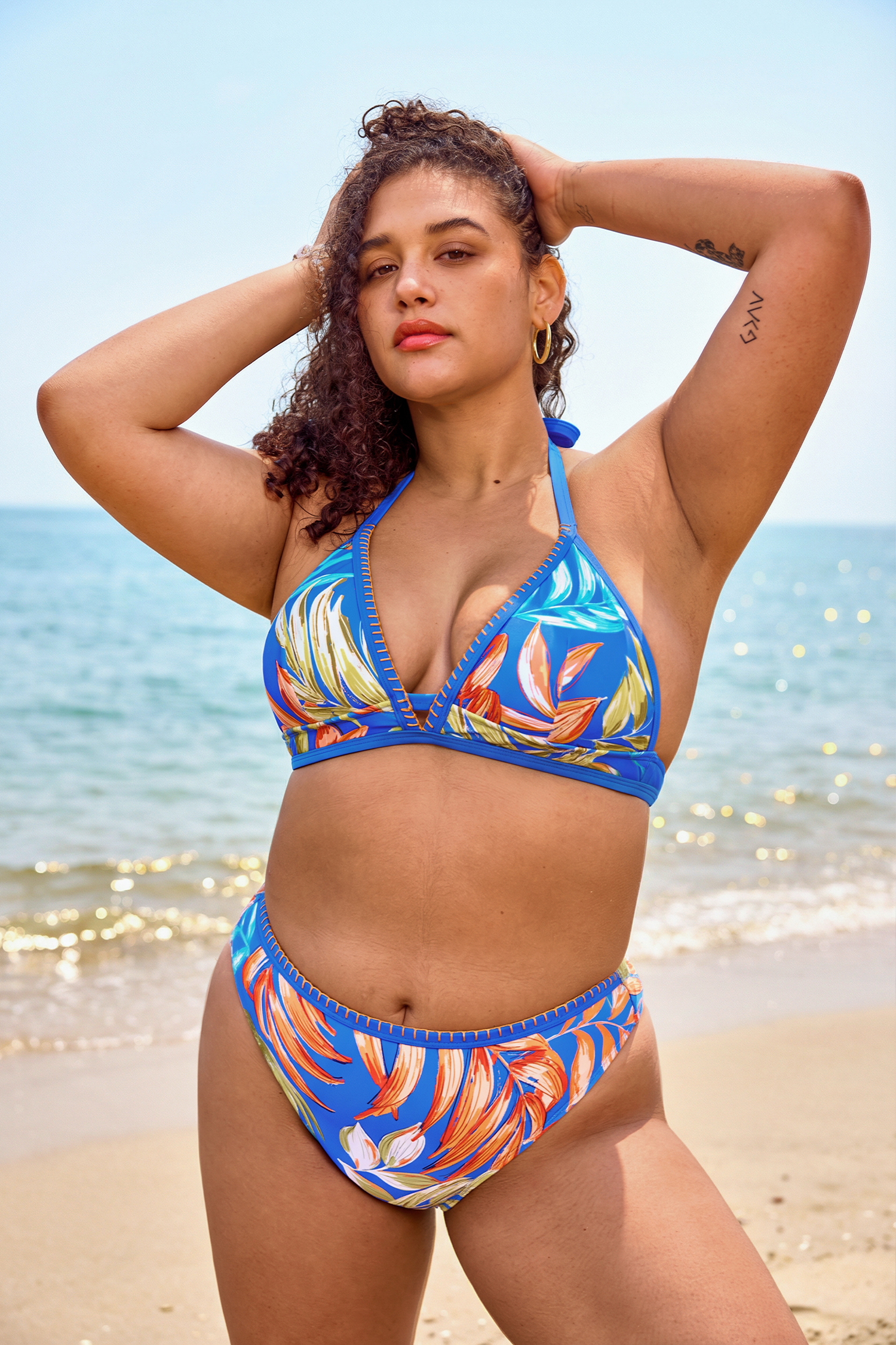 Tropical Print Whip Stitch Bikini Top & High-Rise Bottoms Set