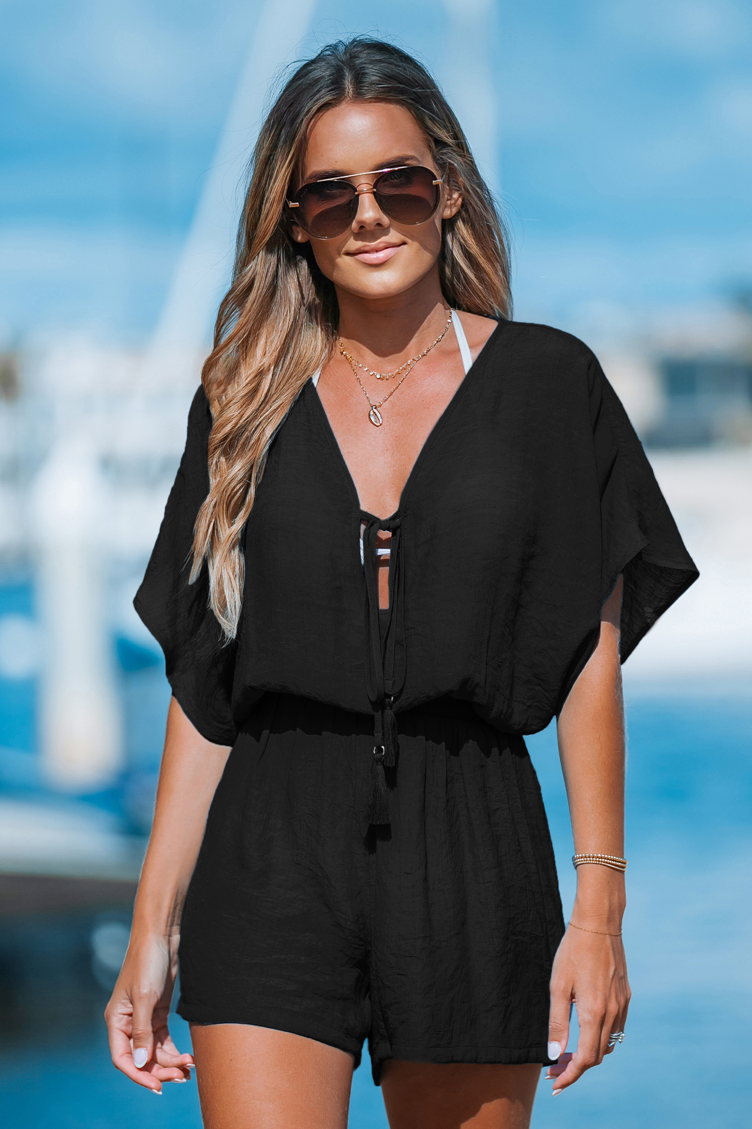 Black Plunging Tassel Tie Cover-Up Romper