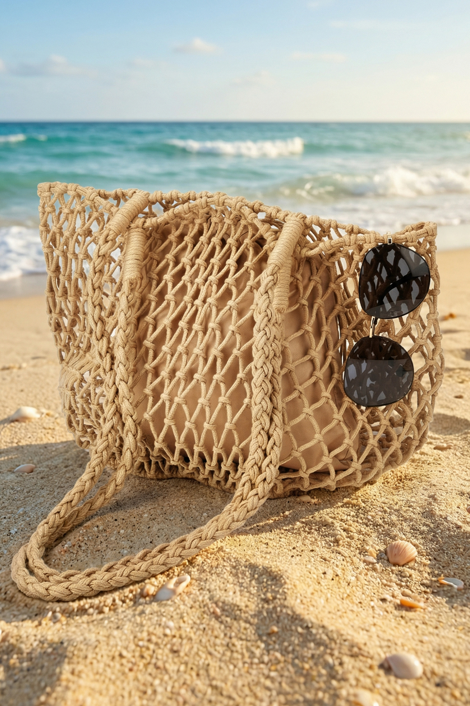 Kahki Strandtasche mit langen Schulterriemen