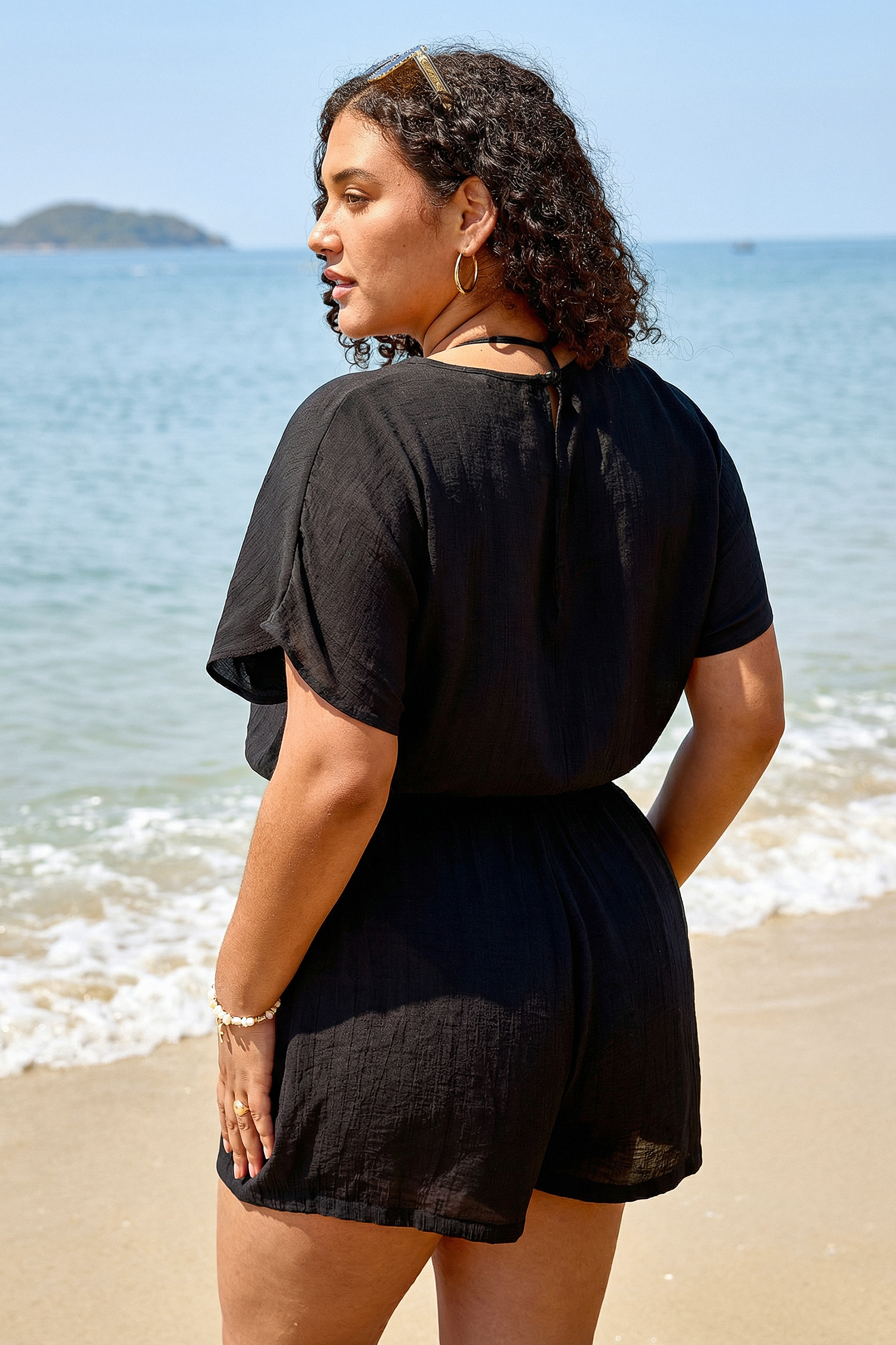 Black Plunging Tassel Tie Cover-Up Romper