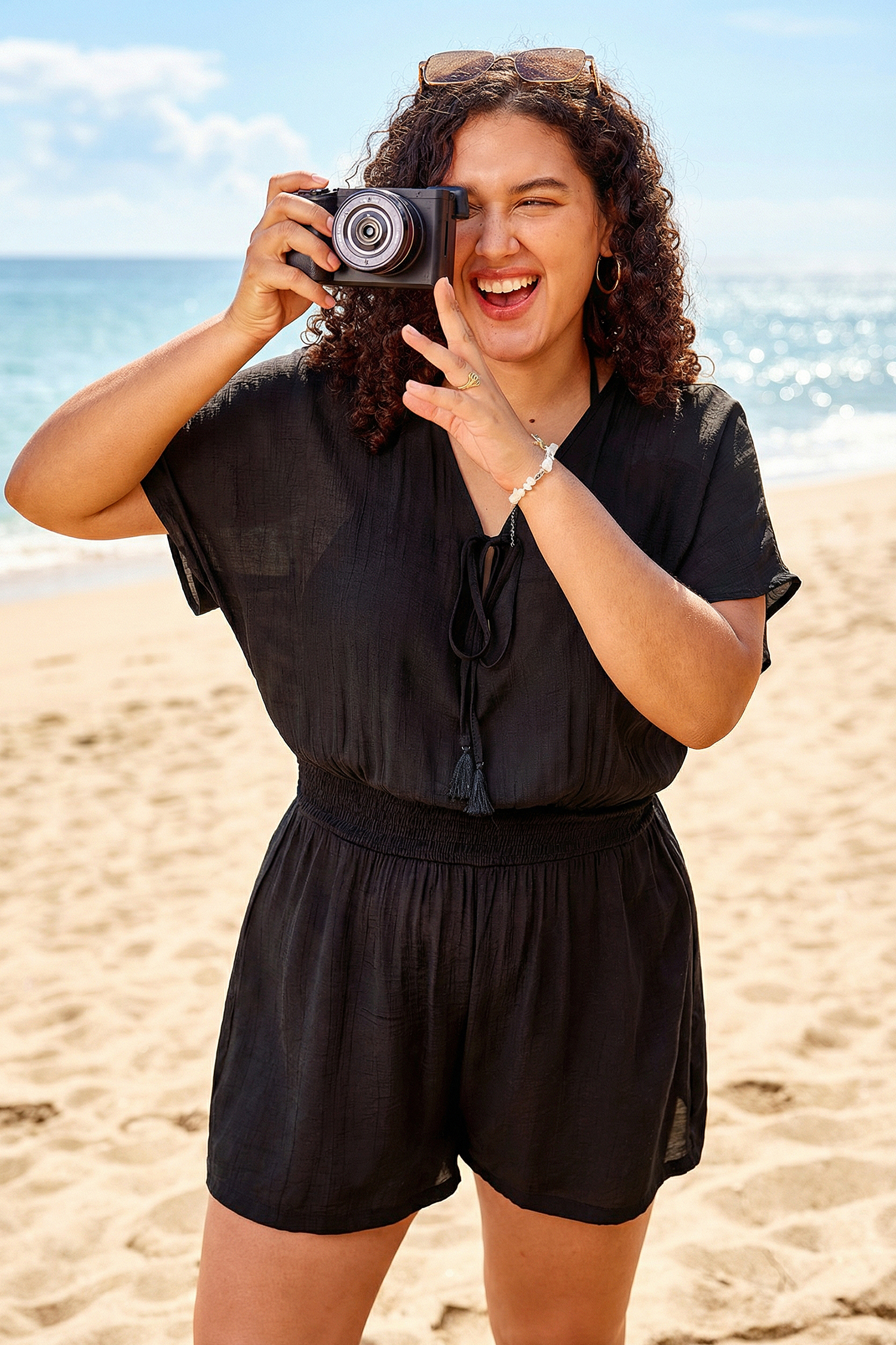 Black Plunging Tassel Tie Cover-Up Romper