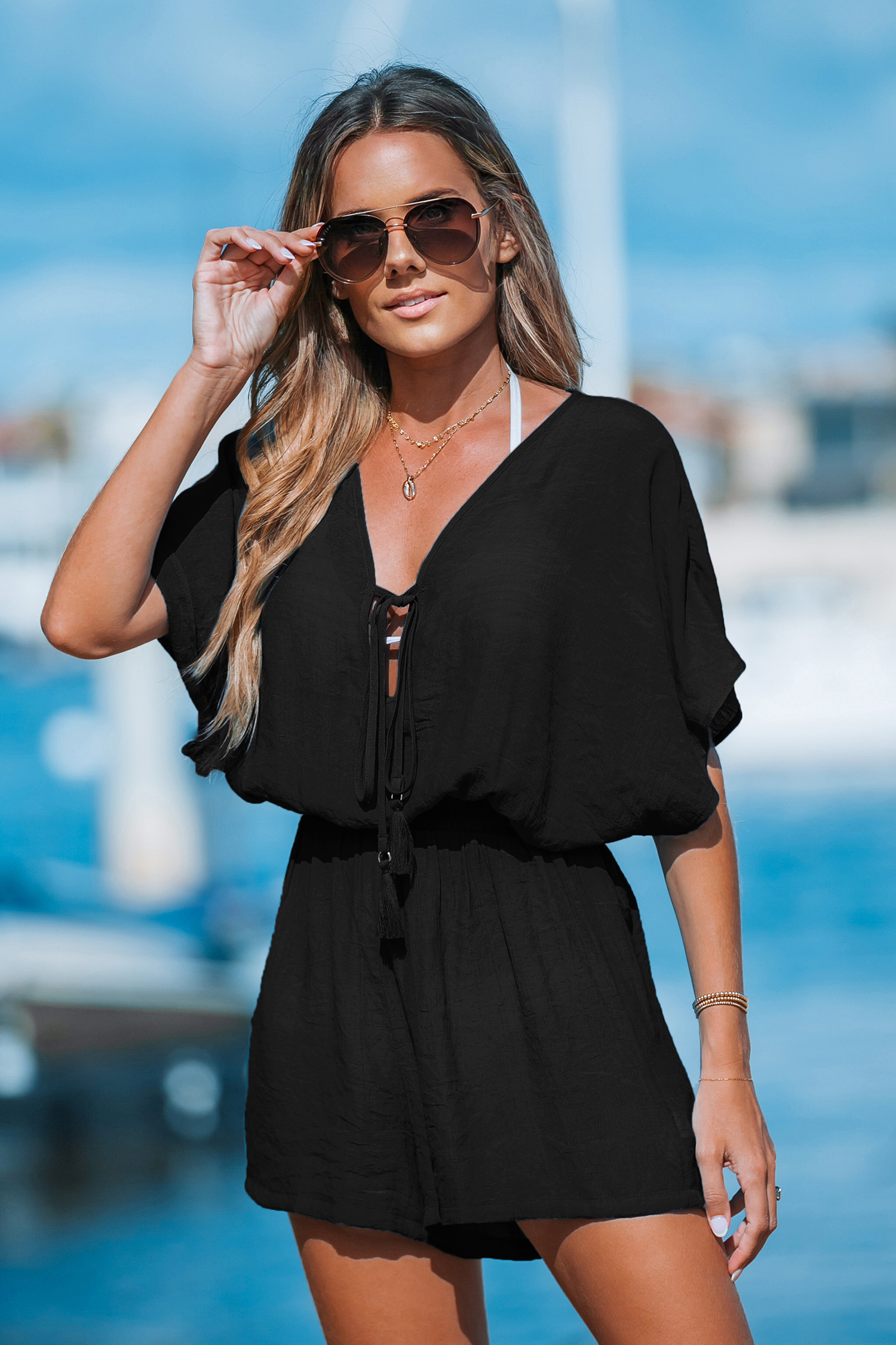 Black Plunging Tassel Tie Cover-Up Romper