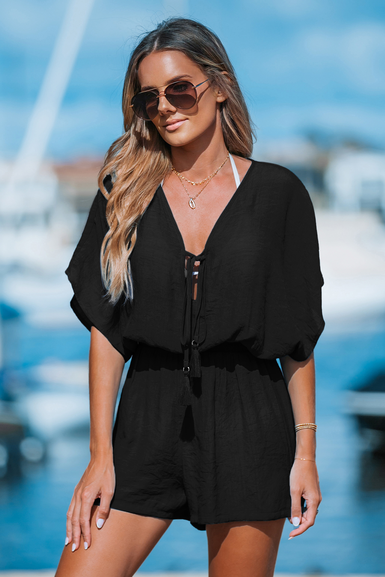Black Plunging Tassel Tie Cover-Up Romper