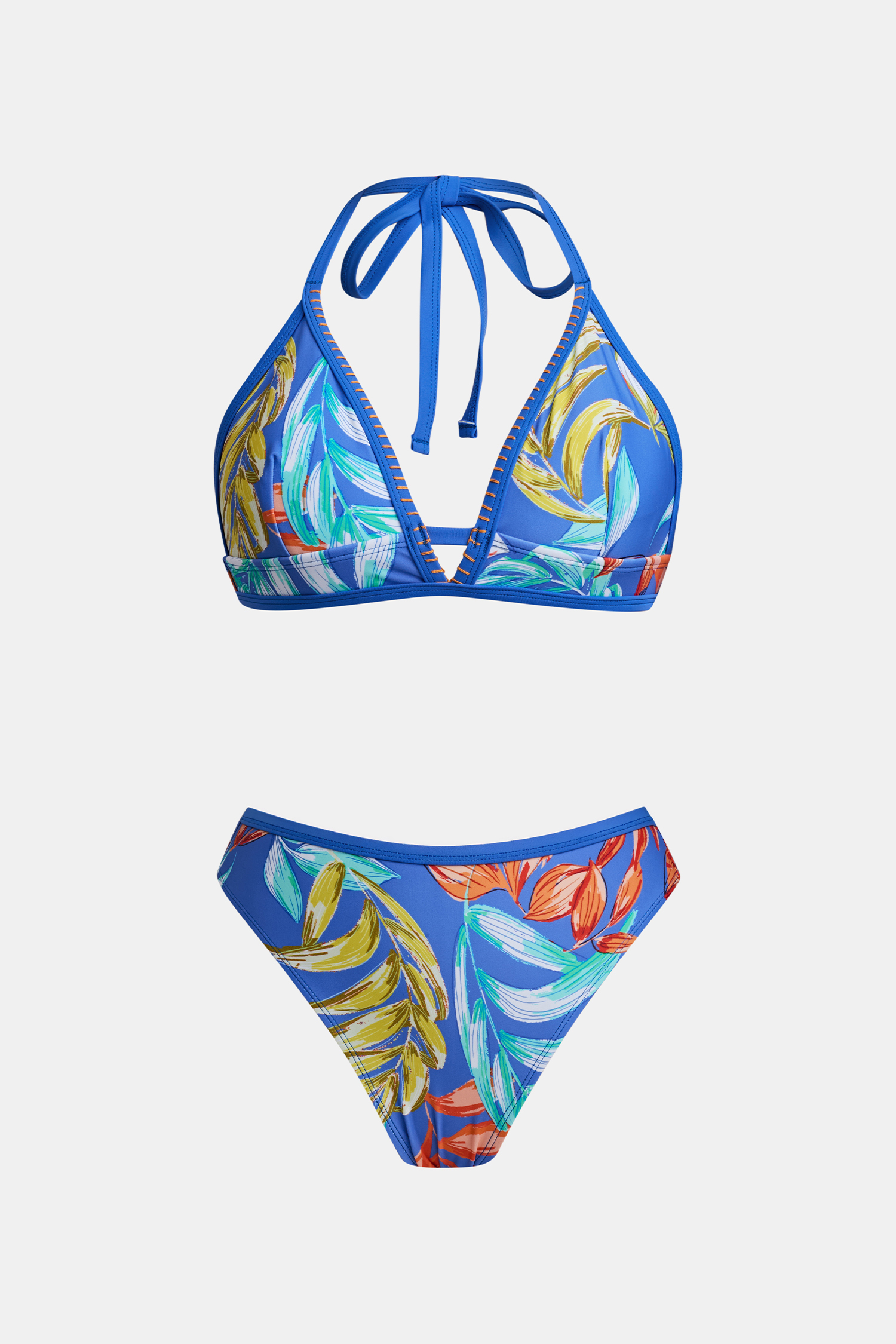 Tropical Print Whip Stitch Bikini Top & High-Rise Bottoms Set