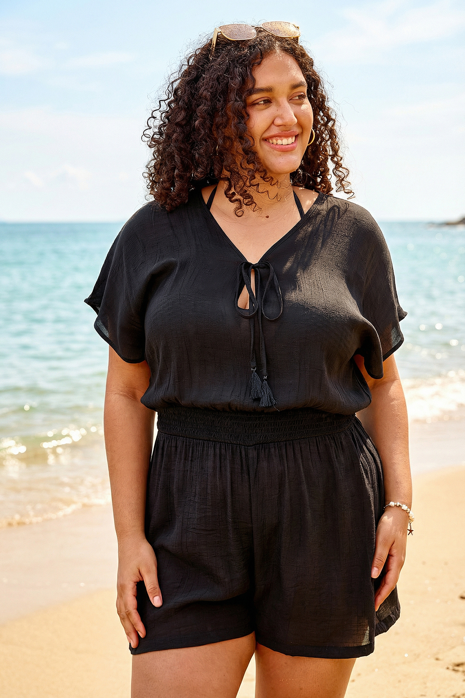 Black Plunging Tassel Tie Cover-Up Romper