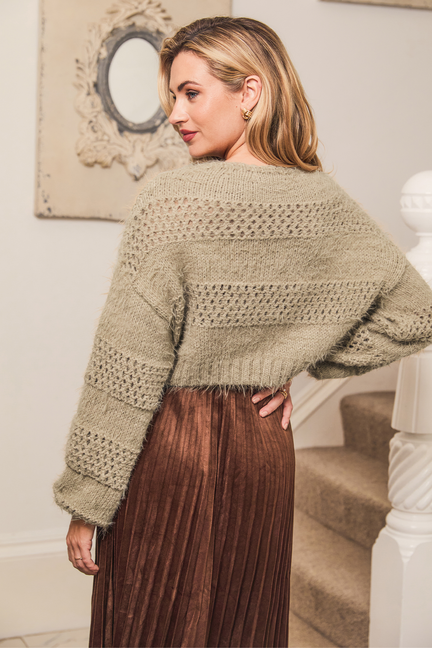 x JoJo Camel Fuzzy Cutout Knit Sweater