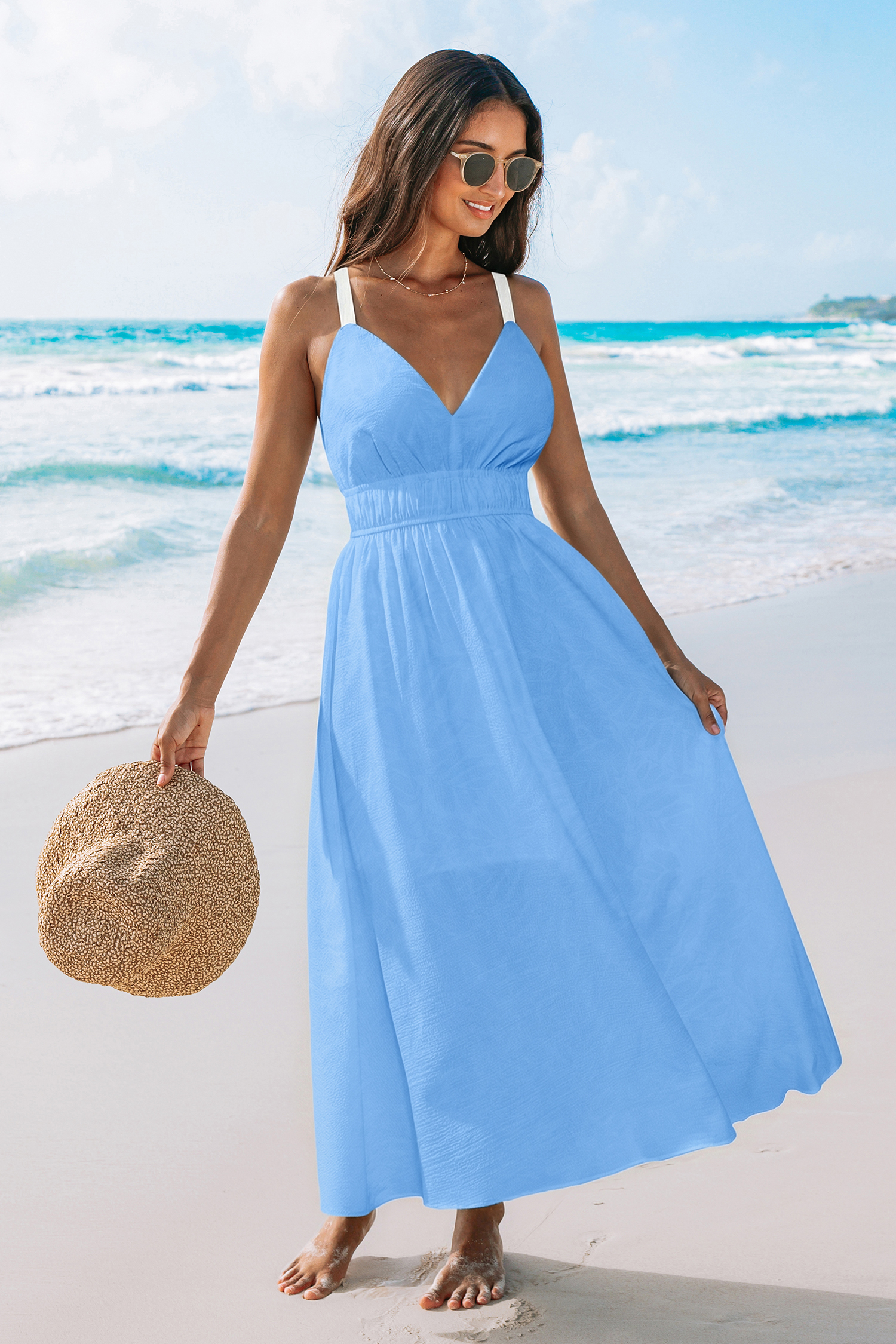 Blaues Ärmelloses V-Ausschnitt Maxi-Strandkleid