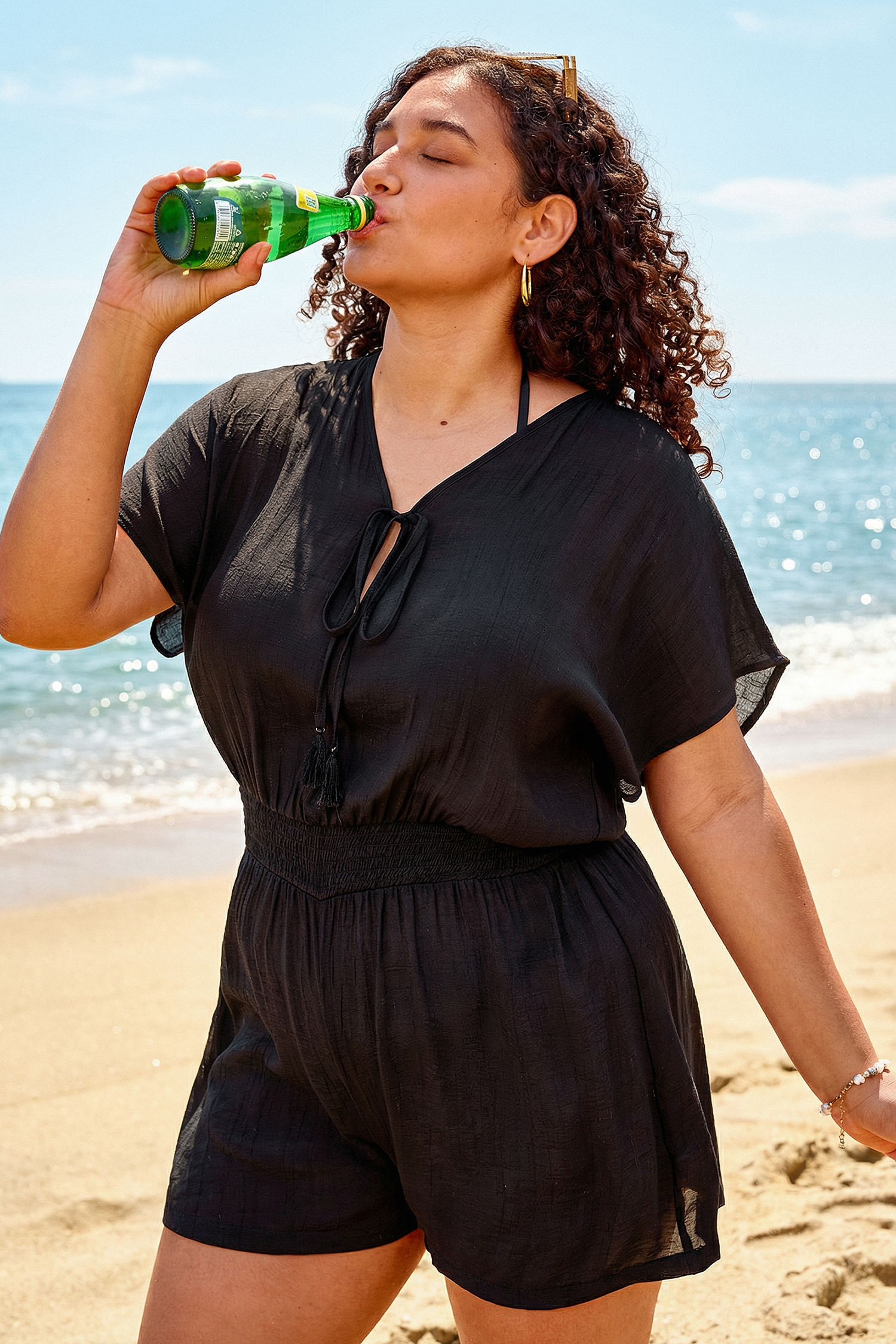 Black Plunging Tassel Tie Cover-Up Romper