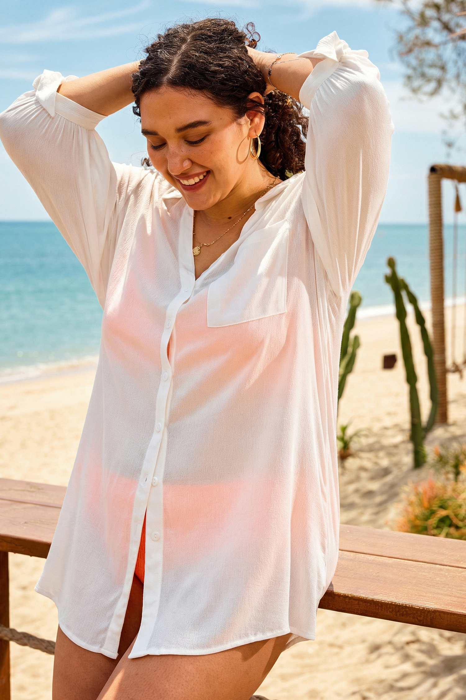 Seersucker Tie Cuff Cover-Up Dress