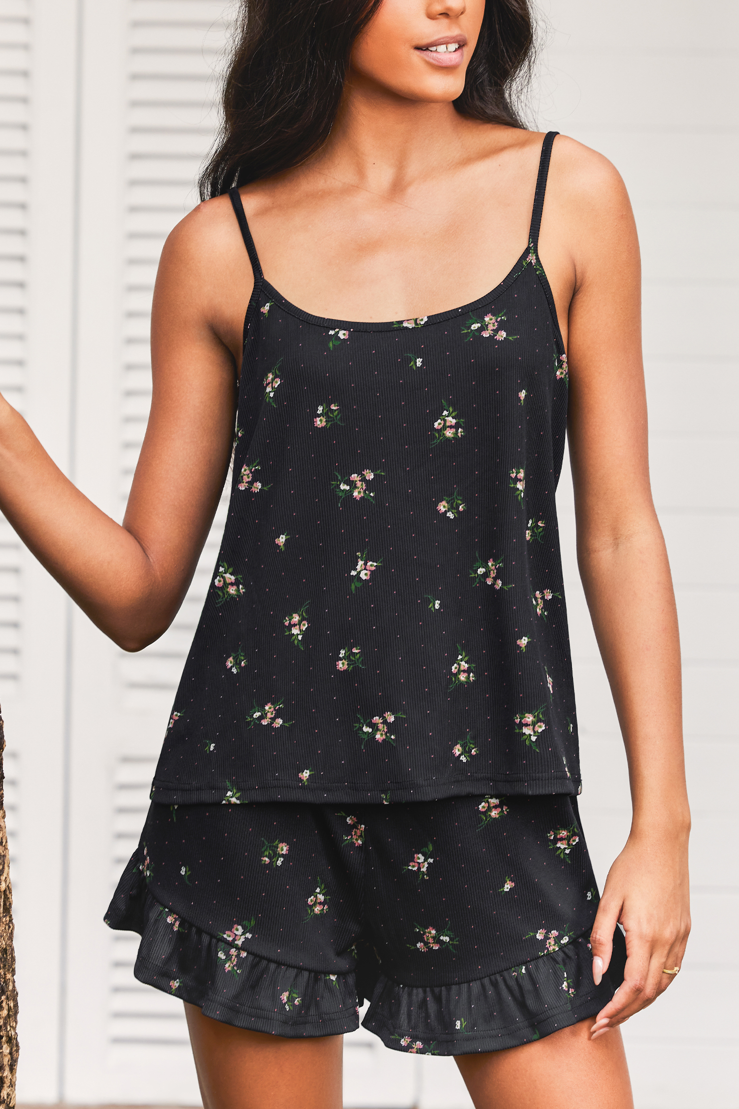 Schwarzes Geblümtes Pyjama-Set