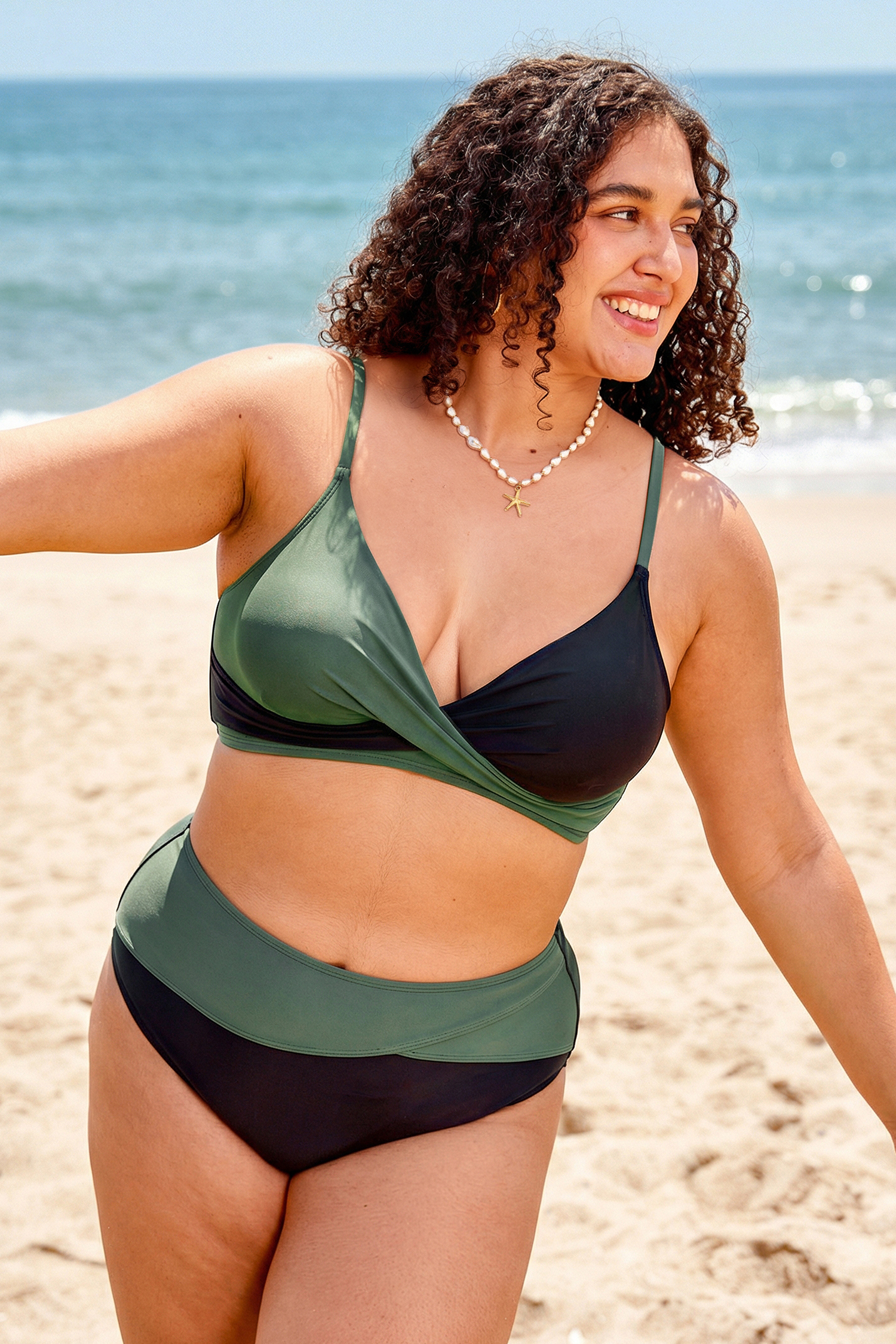 Black & Eucalyptus Wrapped Bikini Top & High-Waisted Bottoms Set