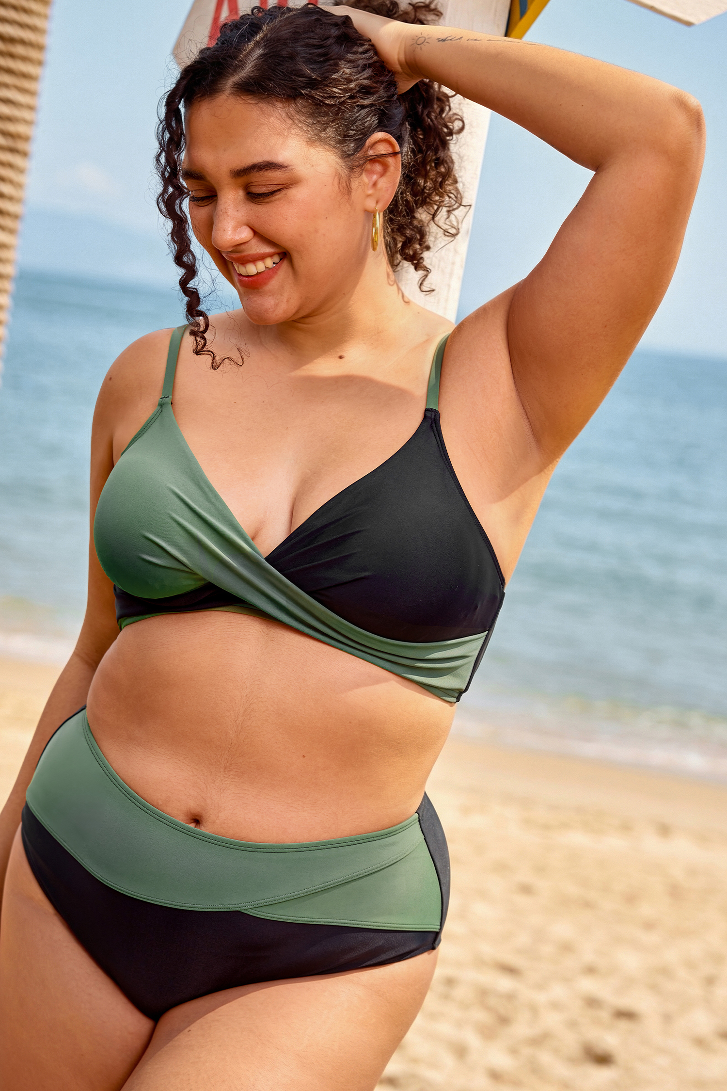 Black & Eucalyptus Wrapped Bikini Top & High-Waisted Bottoms Set