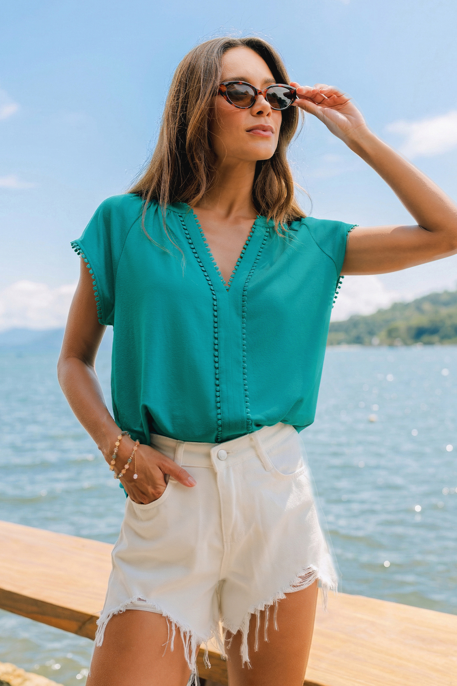 Türkisfarbenes Kurzarm T-Shirt