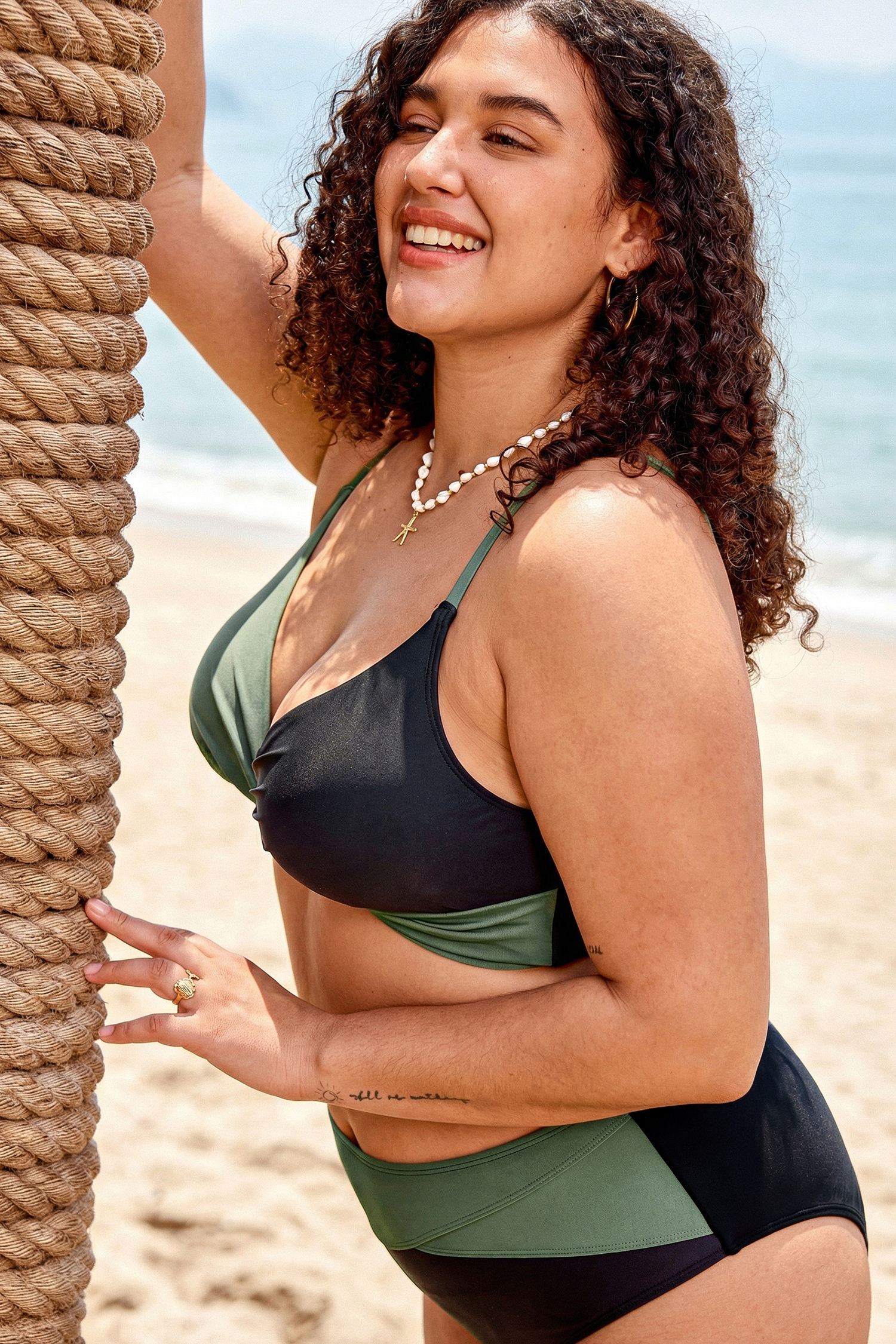 Black & Eucalyptus Wrapped Bikini Top & High-Waisted Bottoms Set