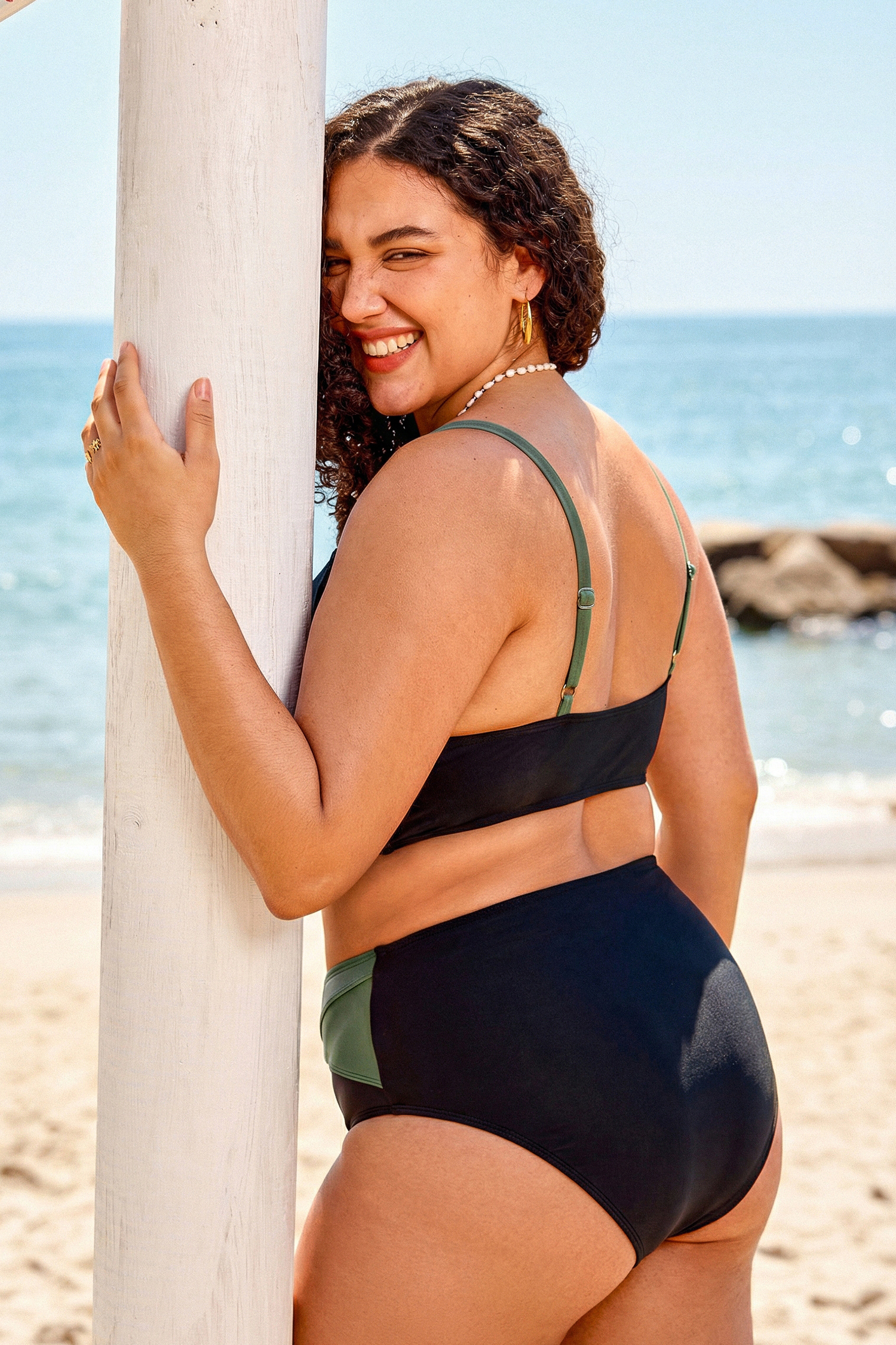 Black & Eucalyptus Wrapped Bikini Top & High-Waisted Bottoms Set