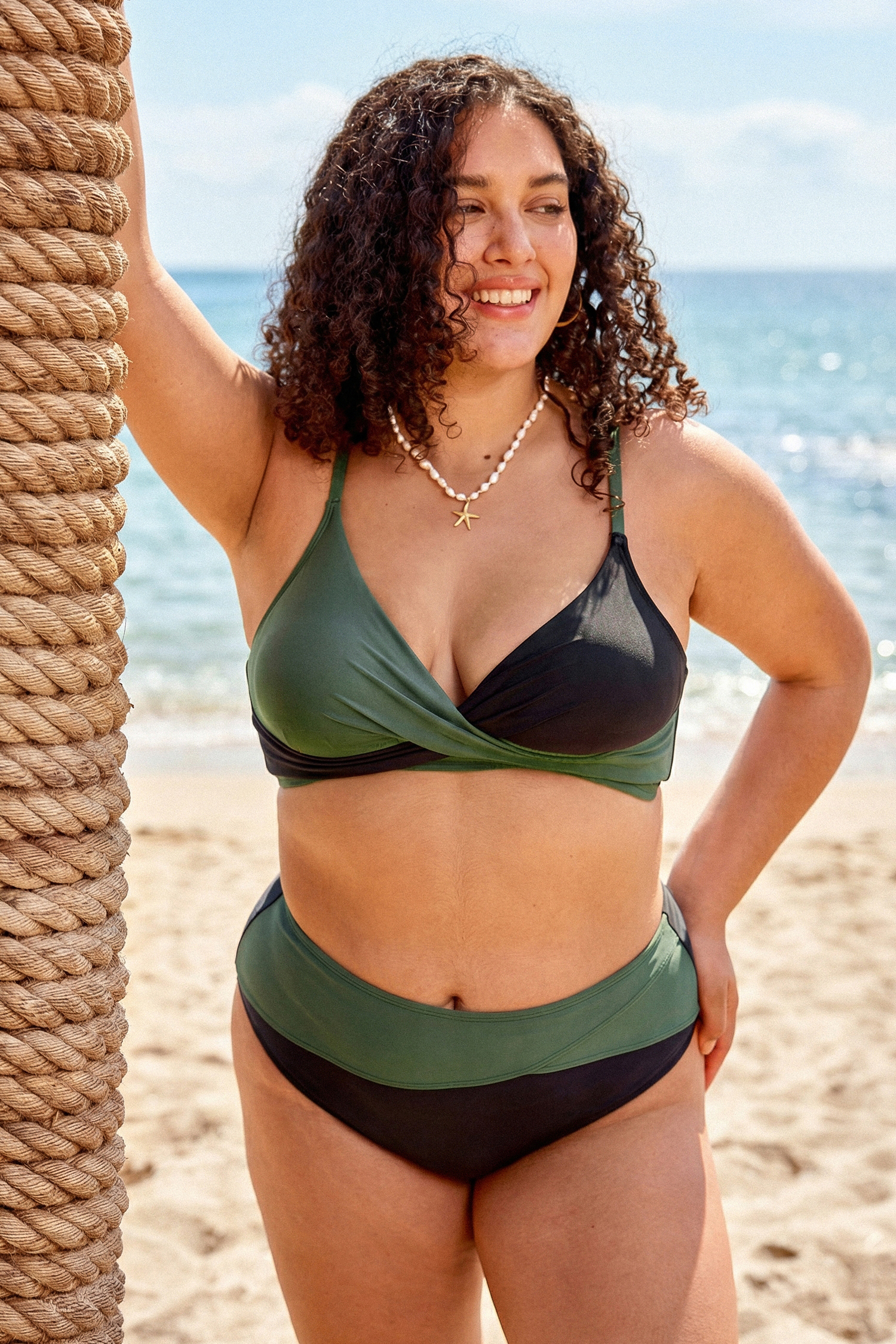 Black & Eucalyptus Wrapped Bikini Top & High-Waisted Bottoms Set