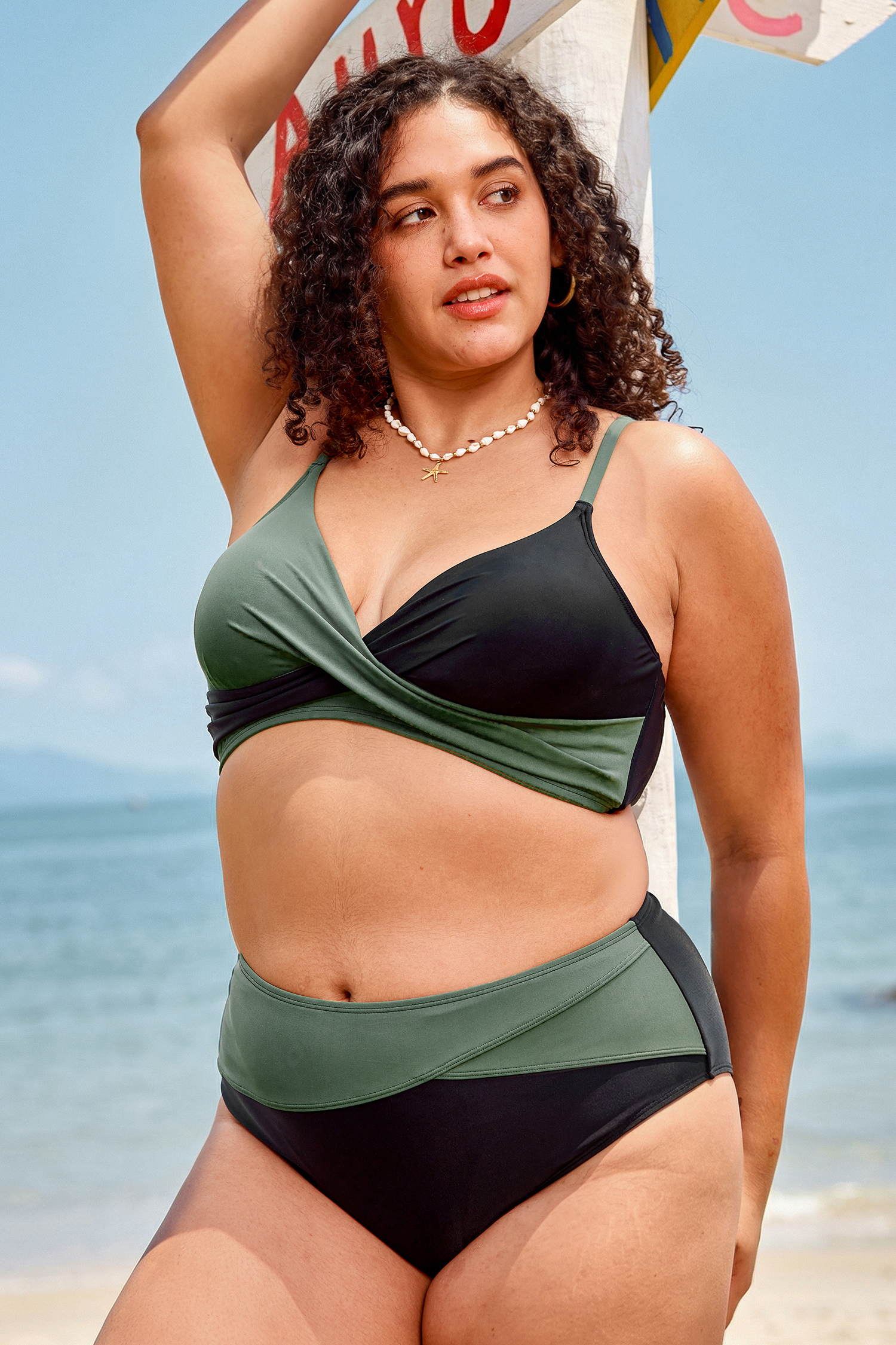 Black & Eucalyptus Wrapped Bikini Top & High-Waisted Bottoms Set