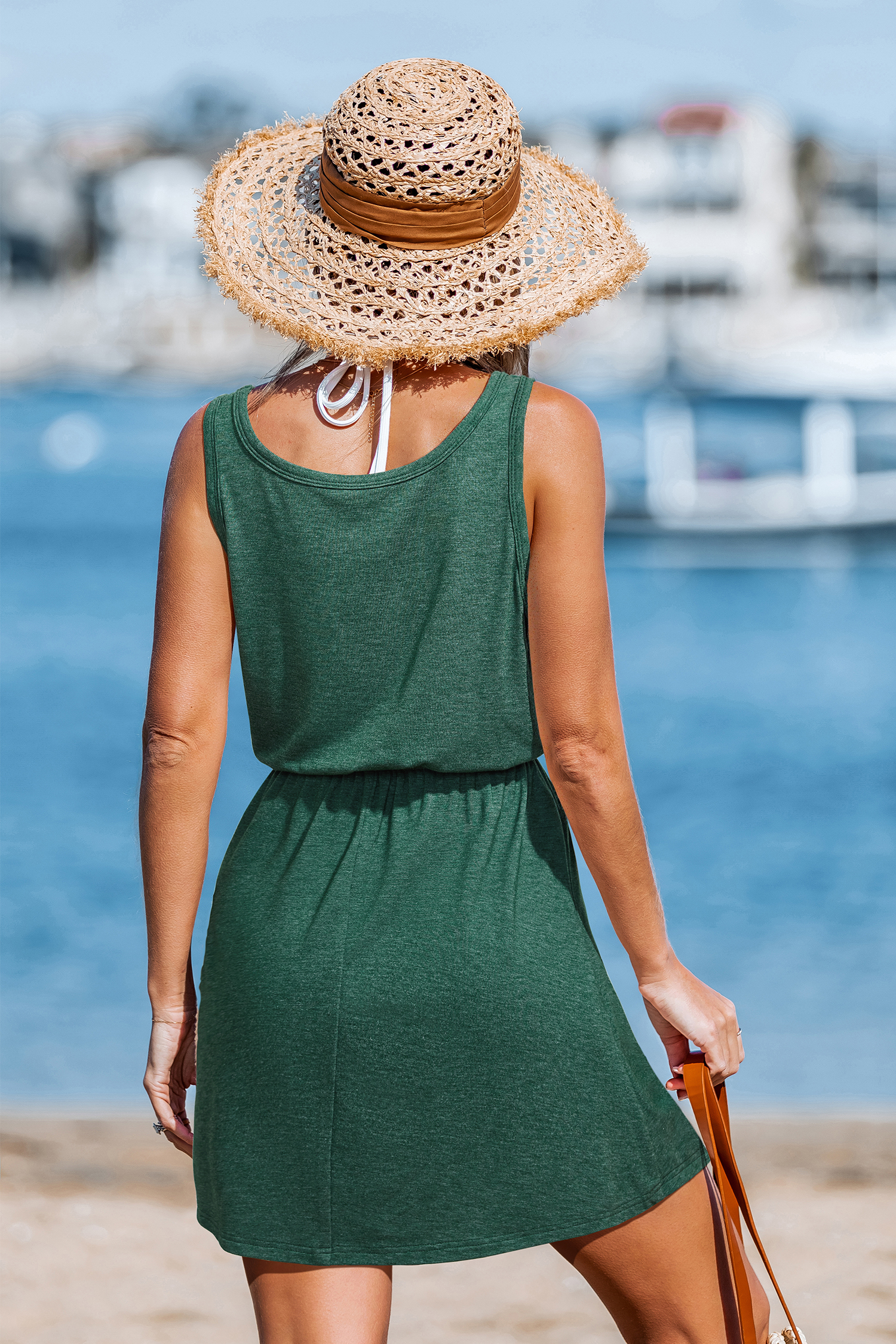 Grünes Ärmelloses U-Ausschnitt Mini-Strandkleid