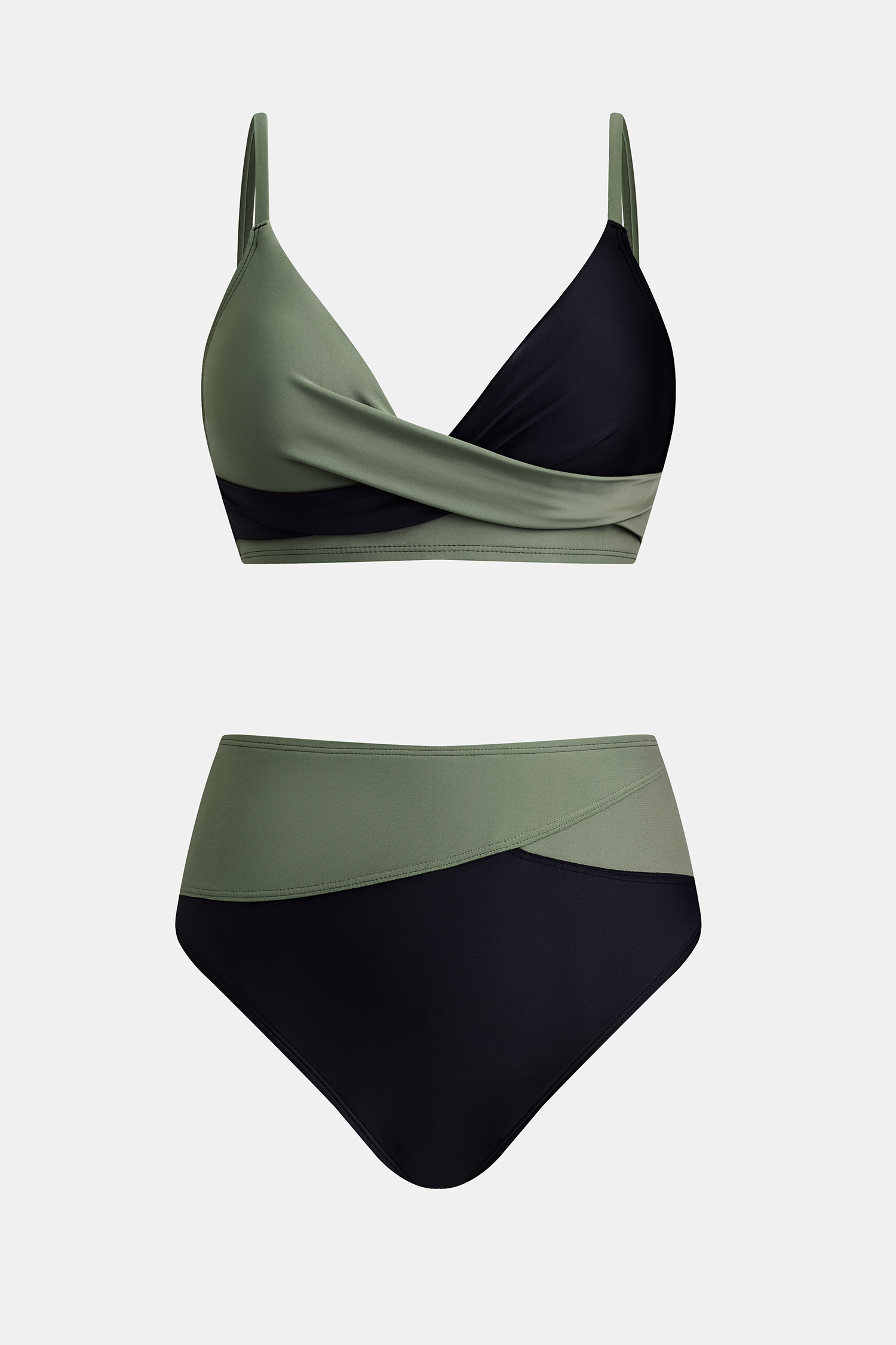 Black & Eucalyptus Wrapped Bikini Top & High-Waisted Bottoms Set