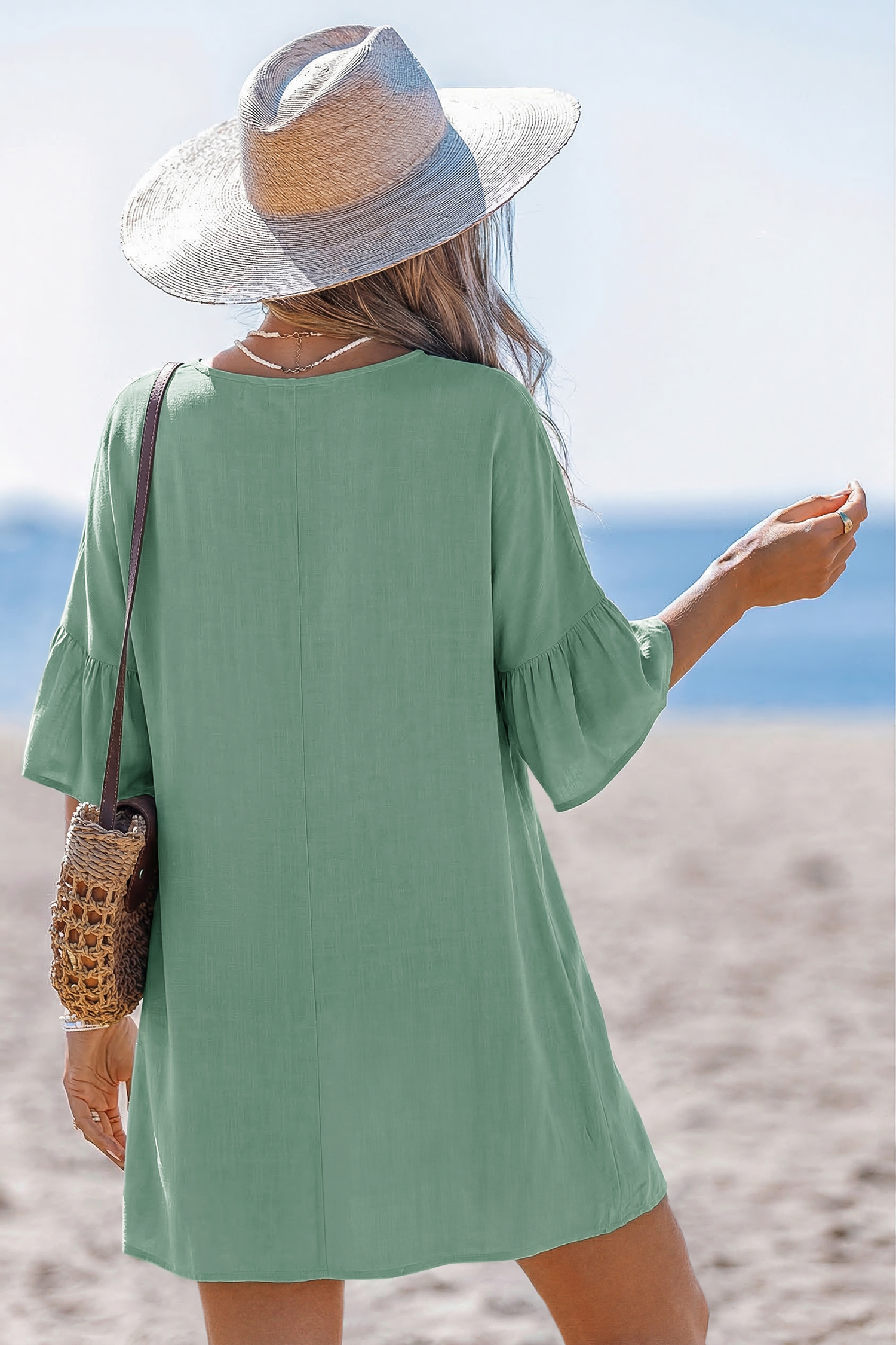 Grünes V-Ausschnitt Kurzarm Strandkleid