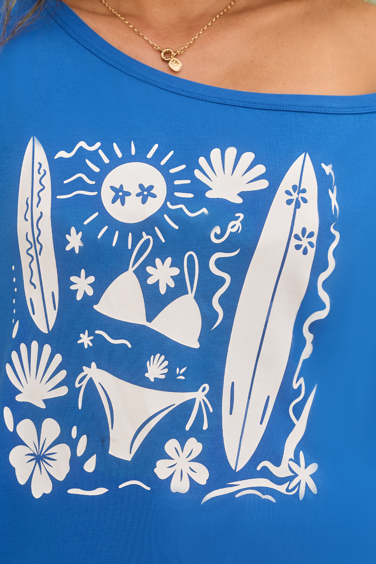 Blaues Kurzarm Asymmetrischer Lockeres T-Shirt mit Grafikprint