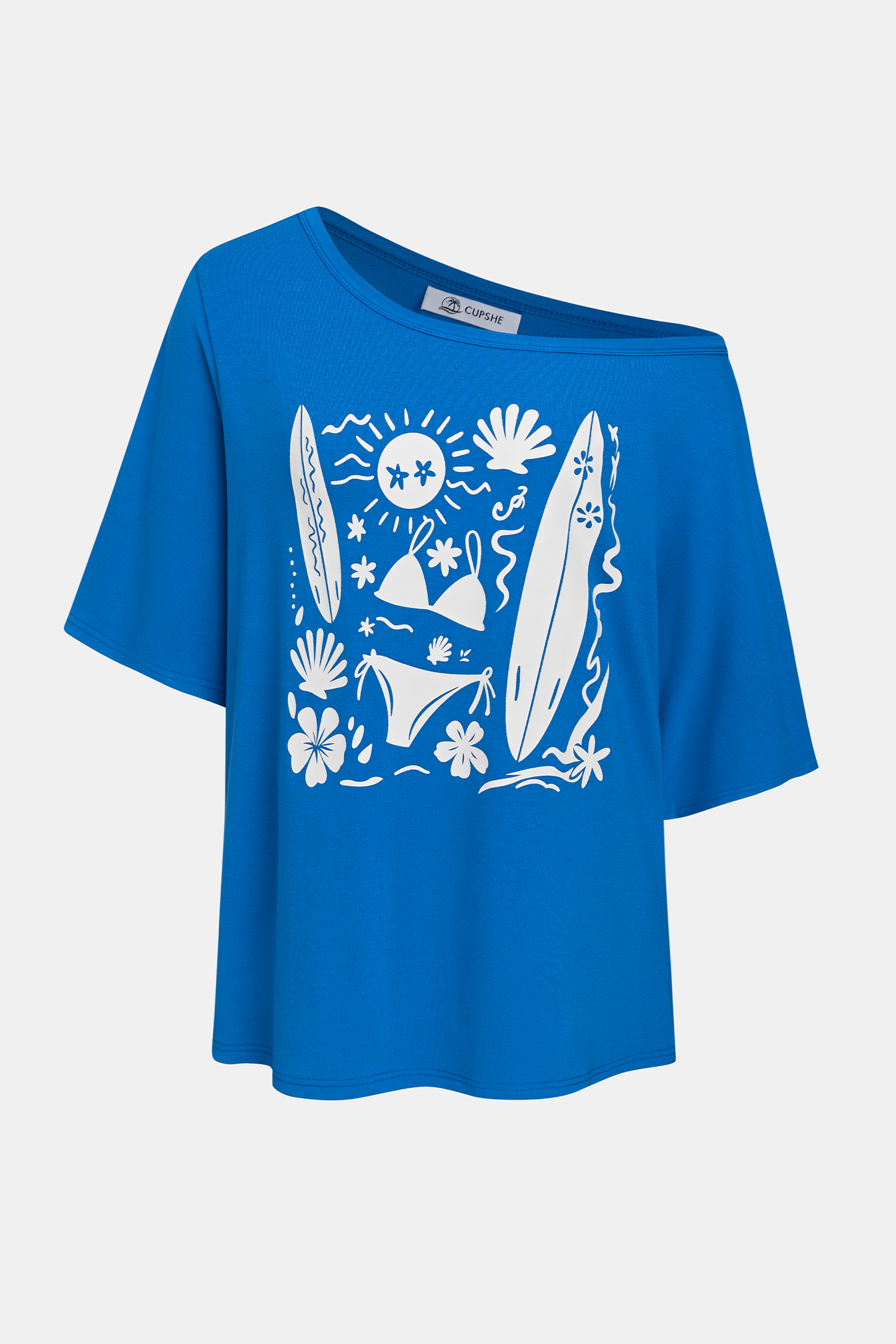 Blaues Kurzarm Asymmetrischer Lockeres T-Shirt mit Grafikprint