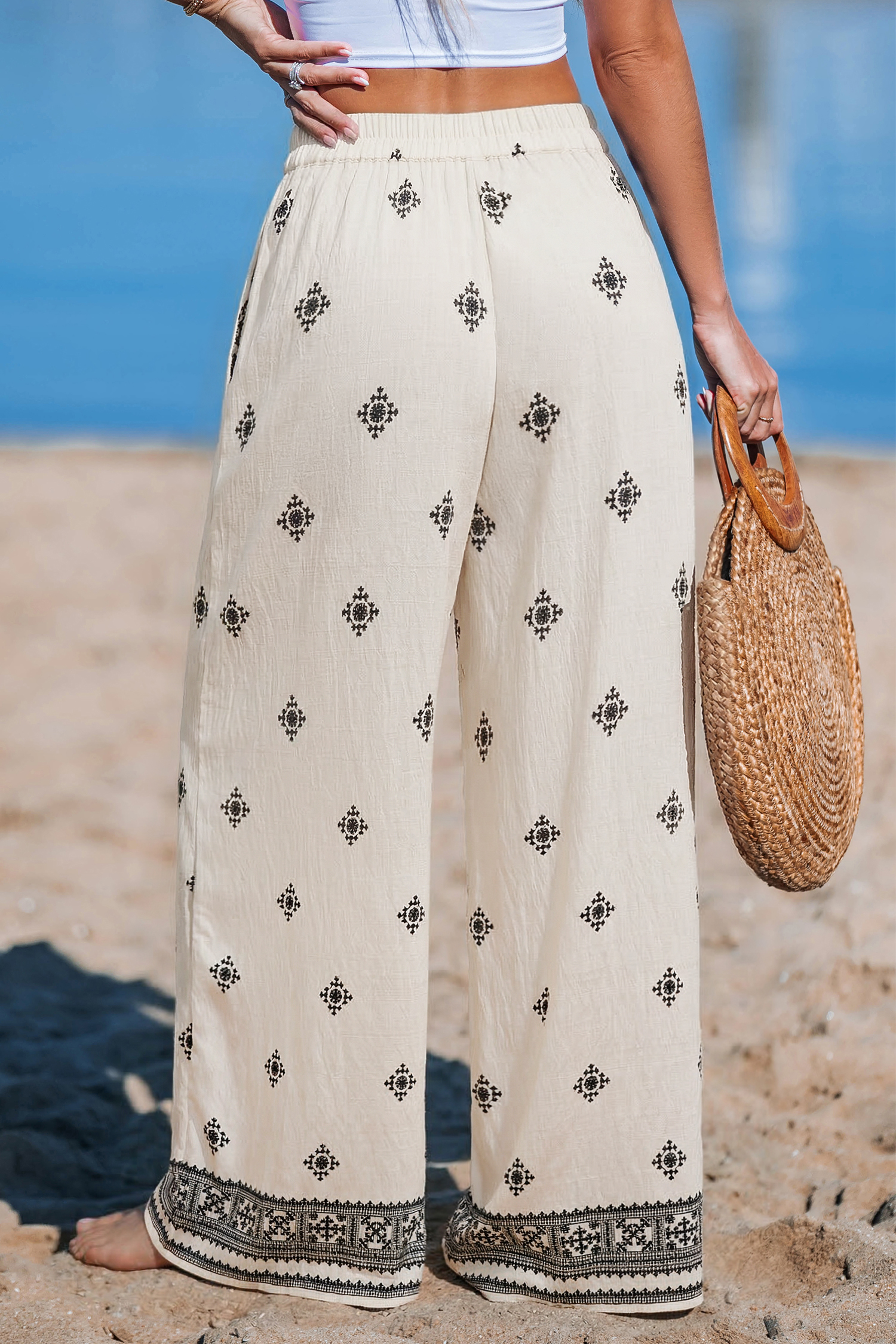 Pantalon orné taille élastique jambe large