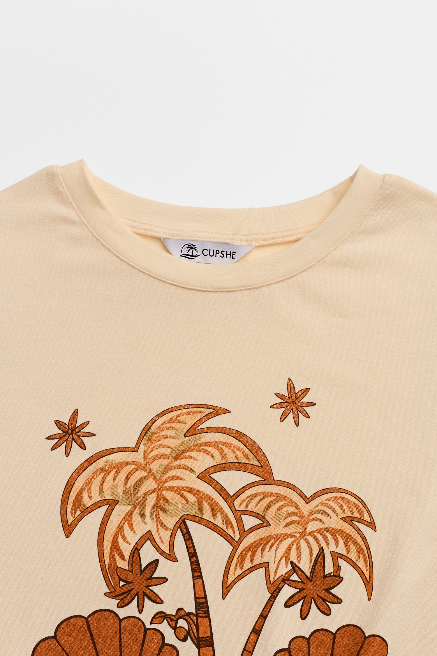 Beiges Kurzarm Rundhals Lockeres T-Shirt mit Grafikprint