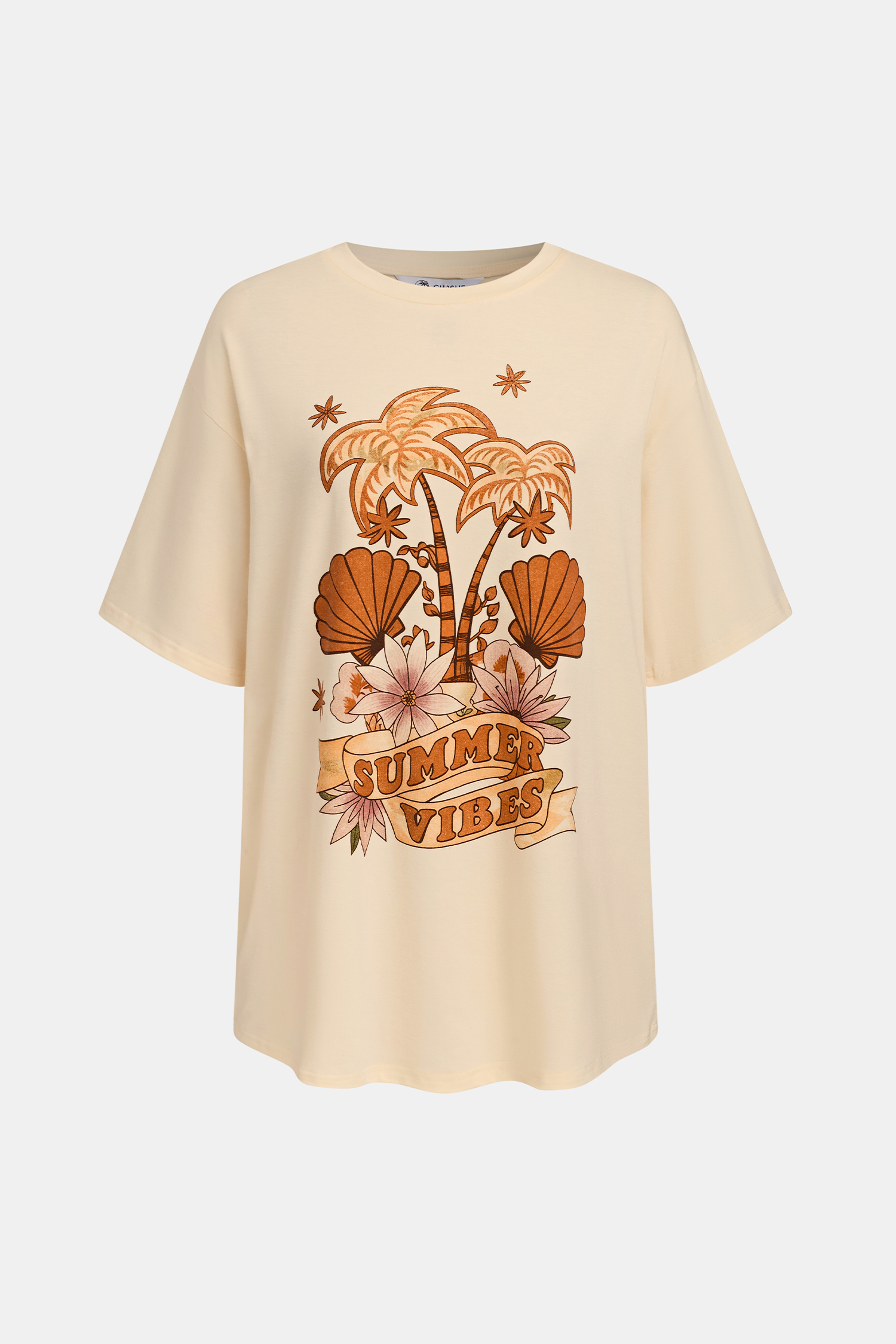 Beiges Kurzarm Rundhals Lockeres T-Shirt mit Grafikprint