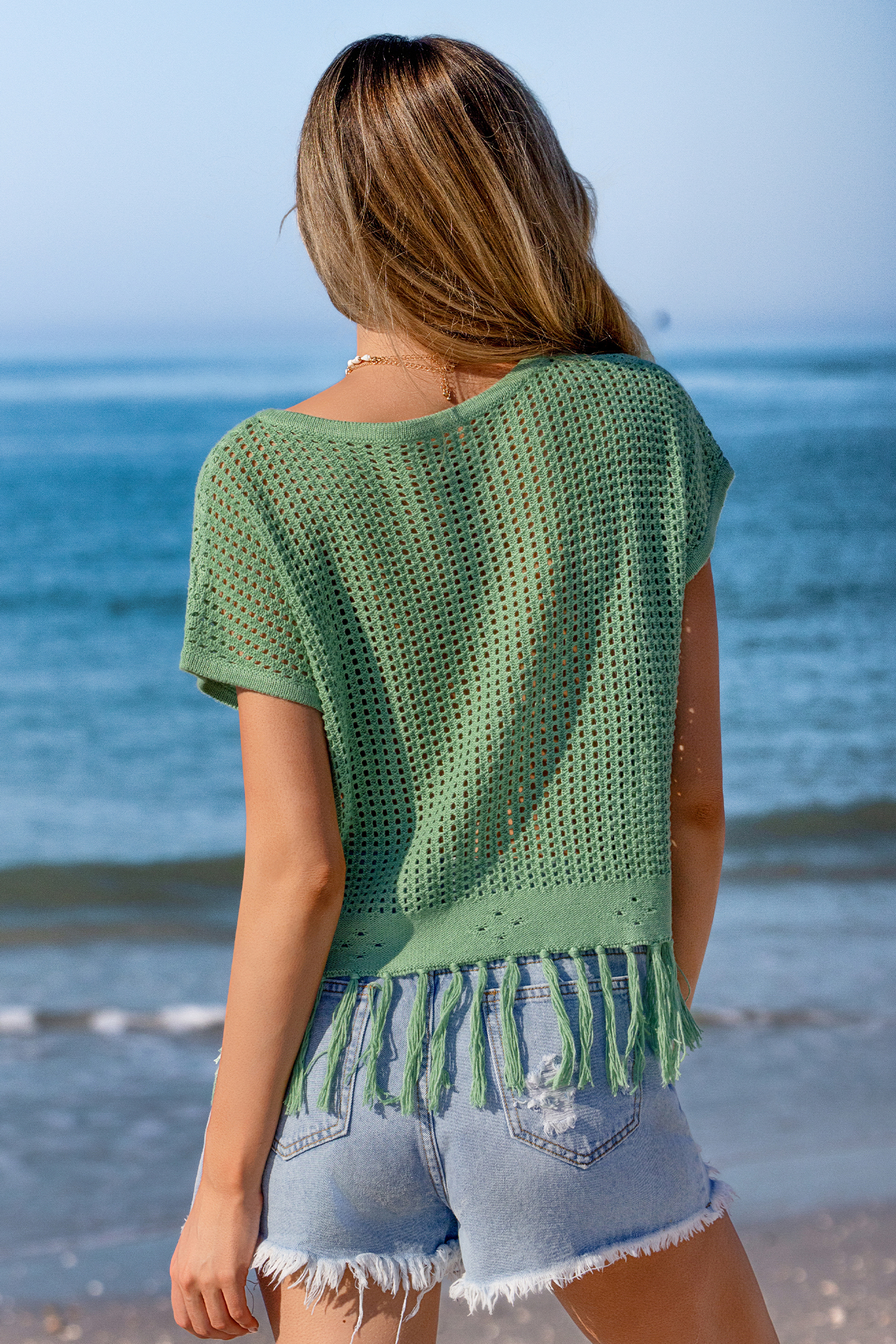 Top cover up vert ourlet à frange