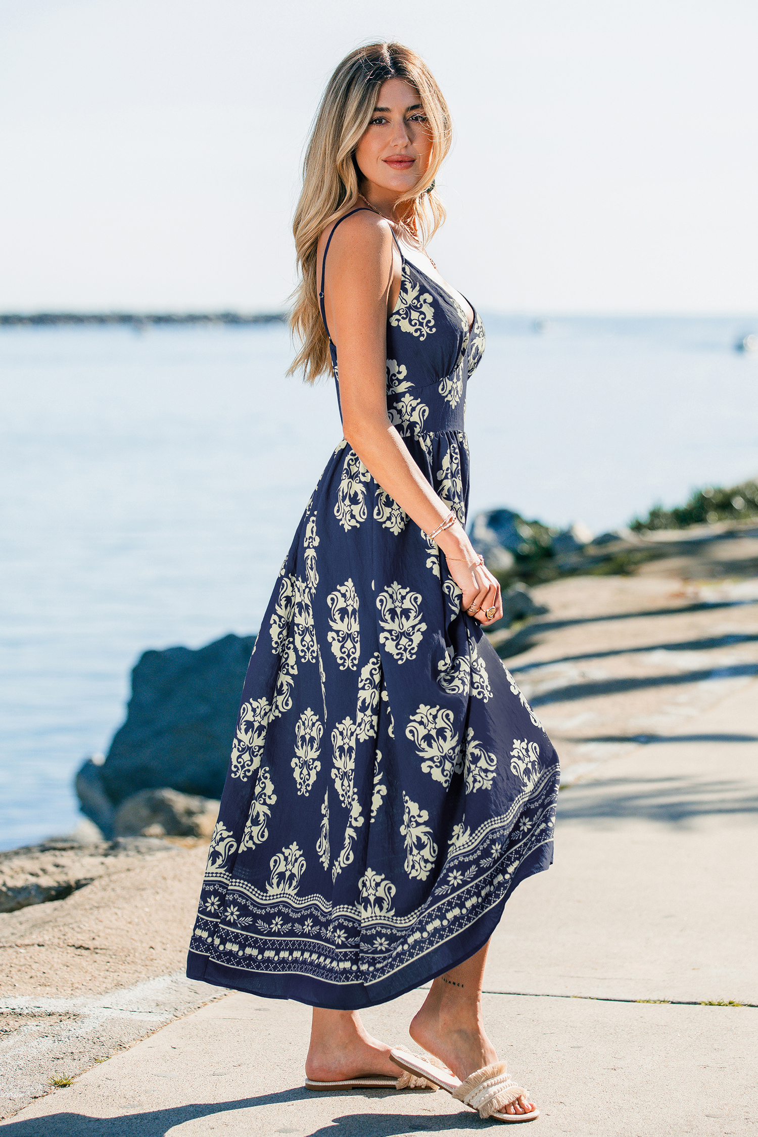 Blaues Ärmelloses Maxi-Strandkleid im Ethno-Stil