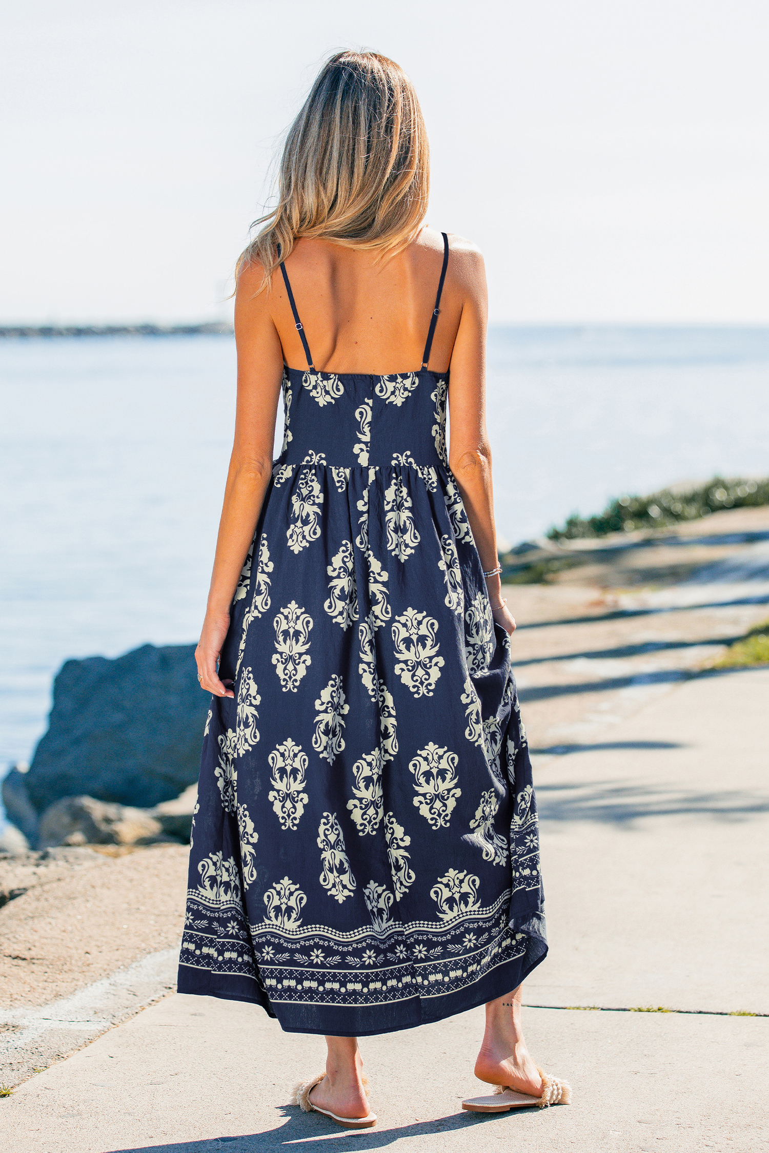 Blaues Ärmelloses Maxi-Strandkleid im Ethno-Stil