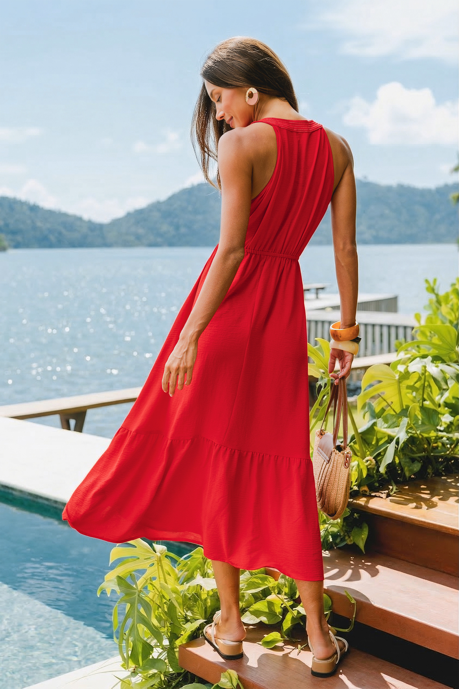 Rotes Ärmelloses Maxi-Strandkleid