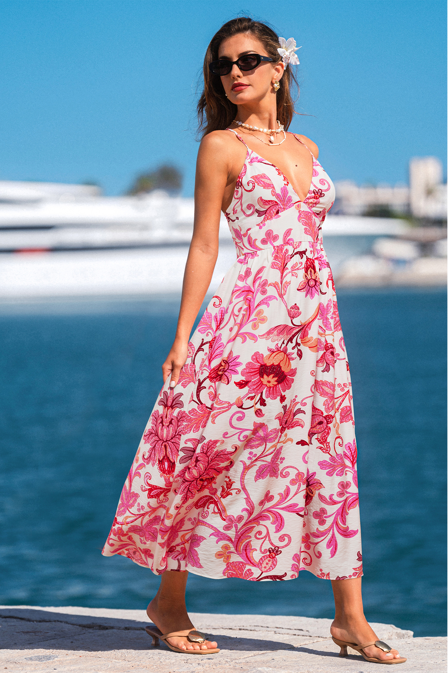 Rosa Geblümtes Maxi-Strandkleid mit tiefem Ausschnitt
