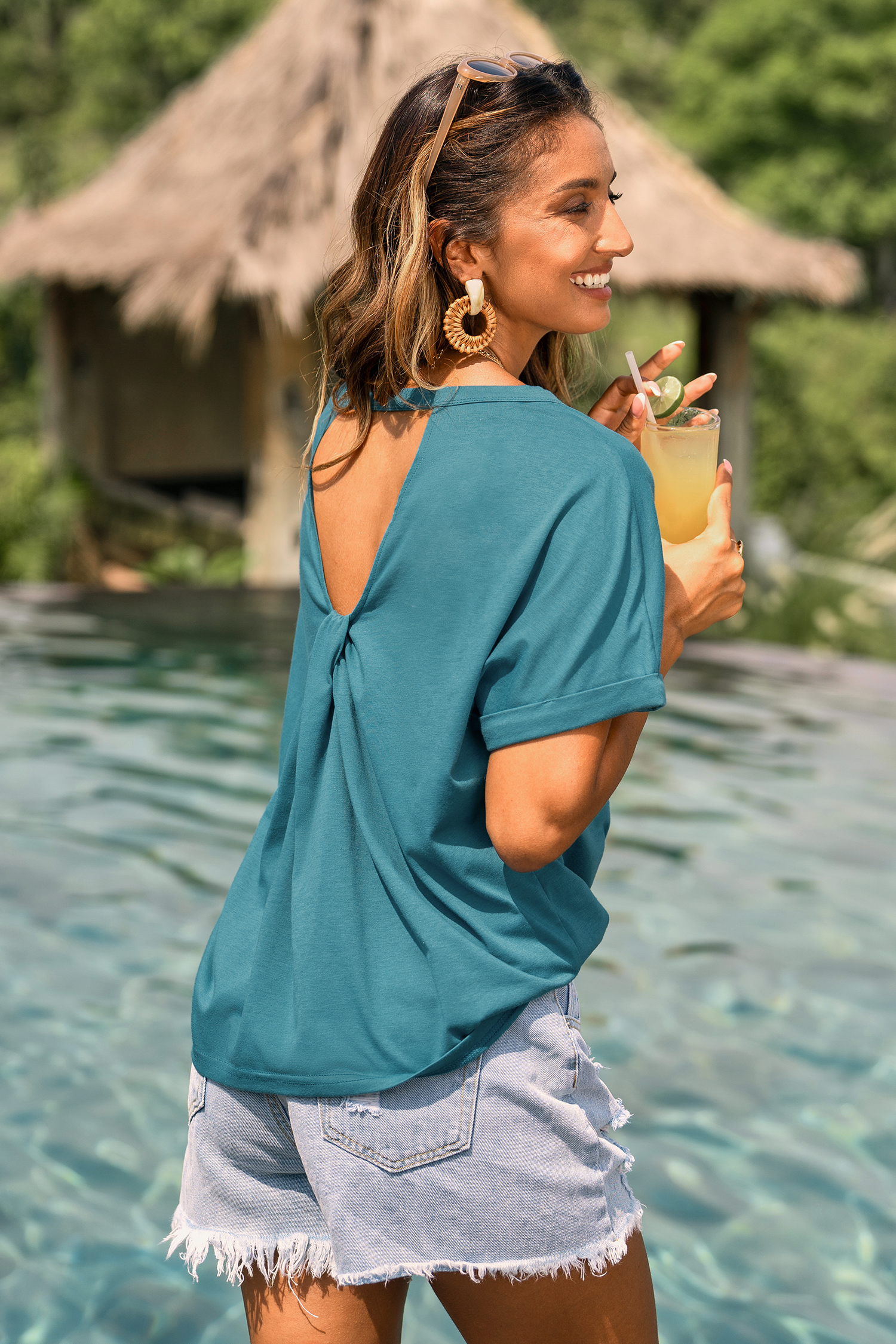 Türkisfarbenes Halbarm T-Shirt