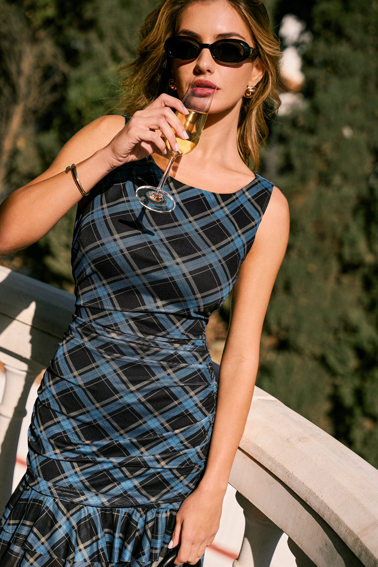 Blau Kariertes Rundhals Ärmelloses Minikleid