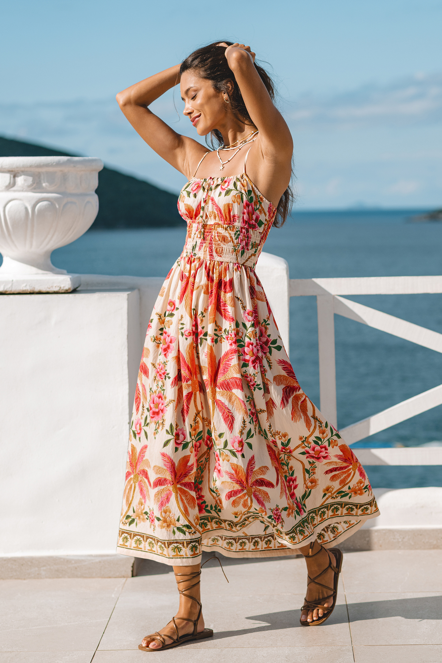 Tropisches Eckiger Ausschnitt Ärmelloses Maxi-Strandkleid