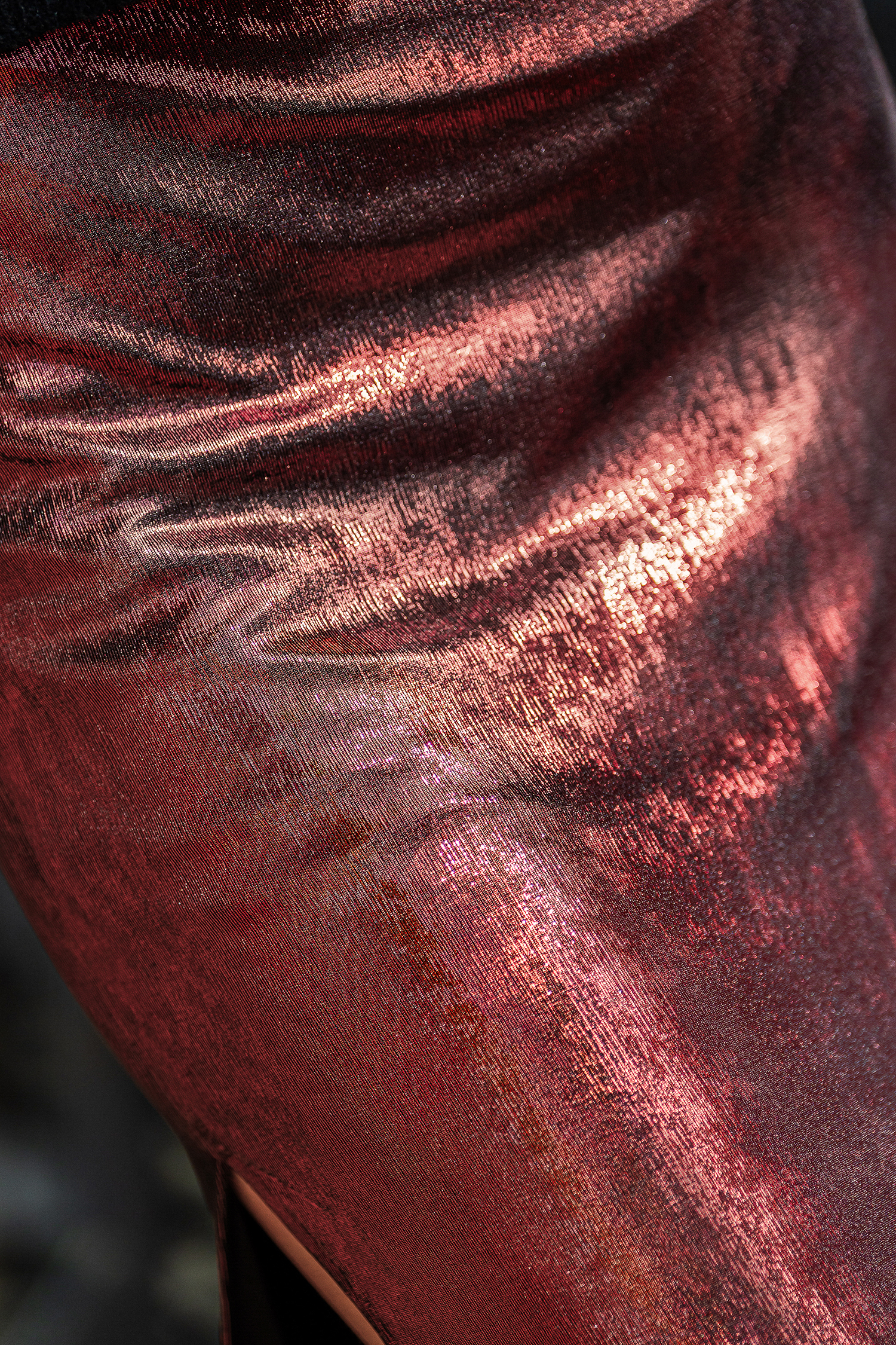 x JoJo Burgundy Metallic High-Slit Maxi Skirt