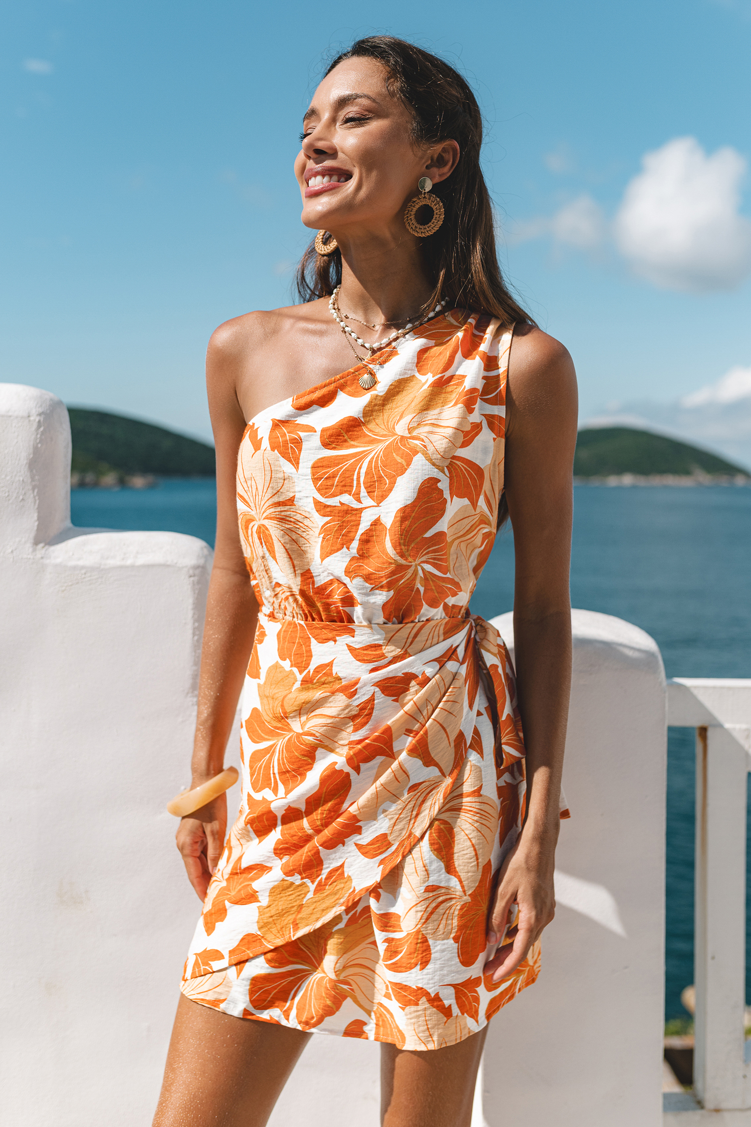Golden Hibiscus Floral Mini Dress