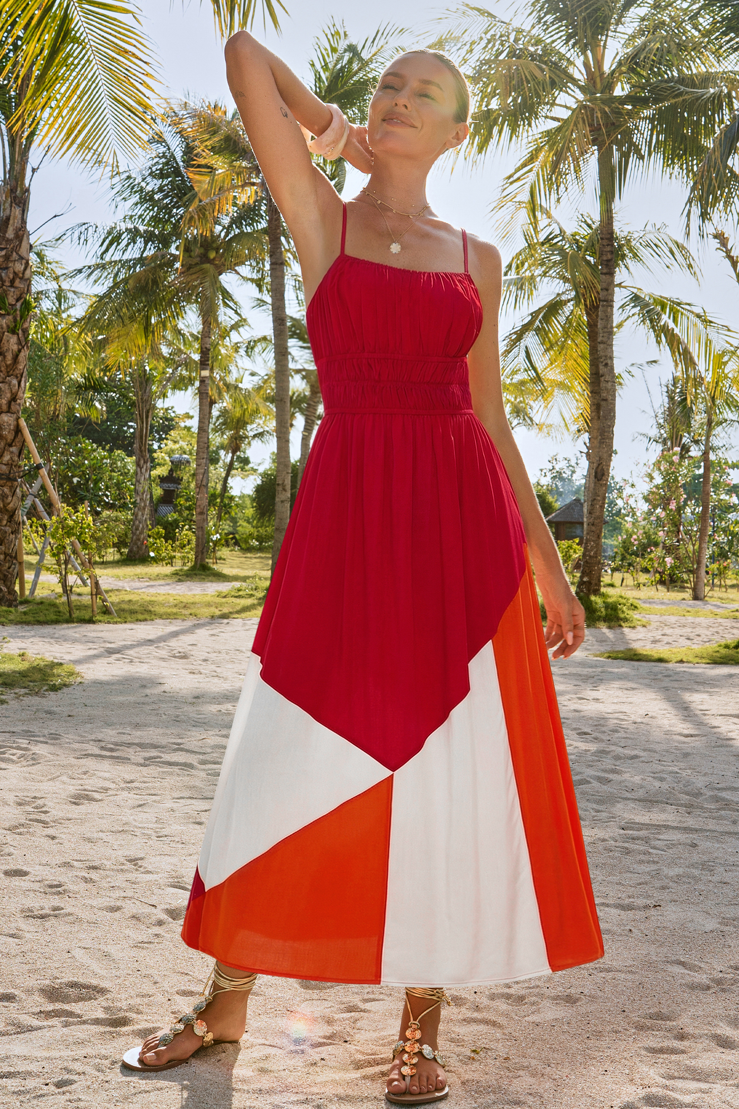 Rotes Farbblock Maxi-Strandkleid mit eckigem Ausschnitt
