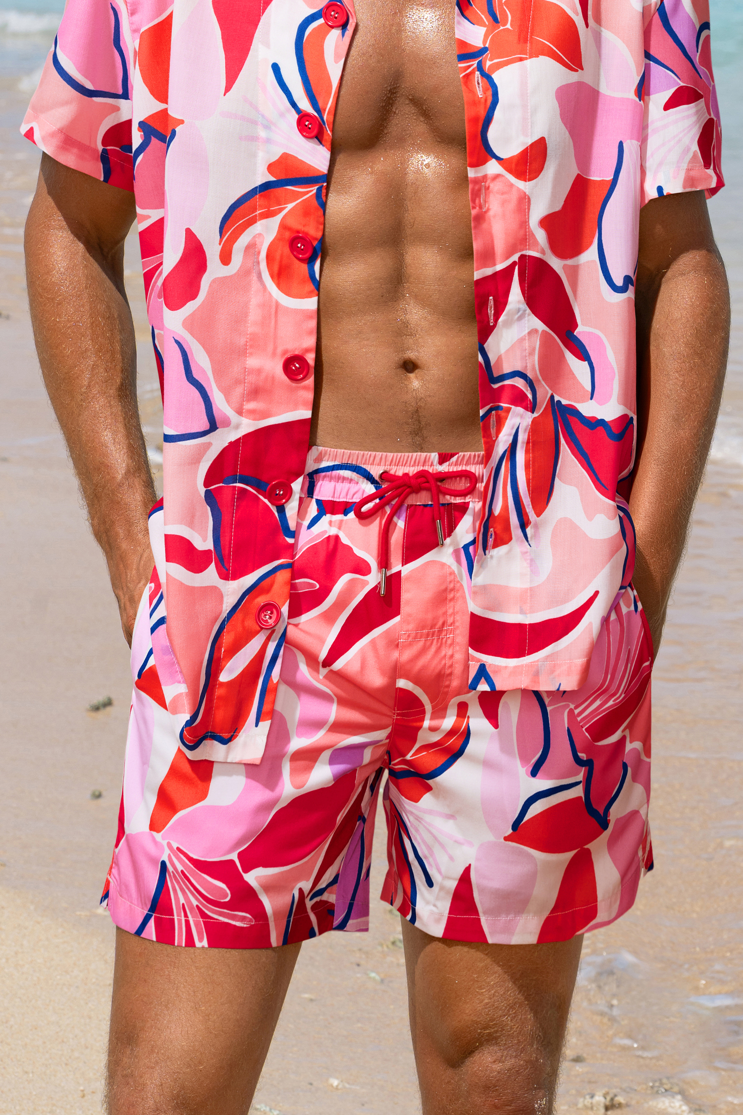 Rote Badeshorts für Herren mit Tunnelzug und Tasche