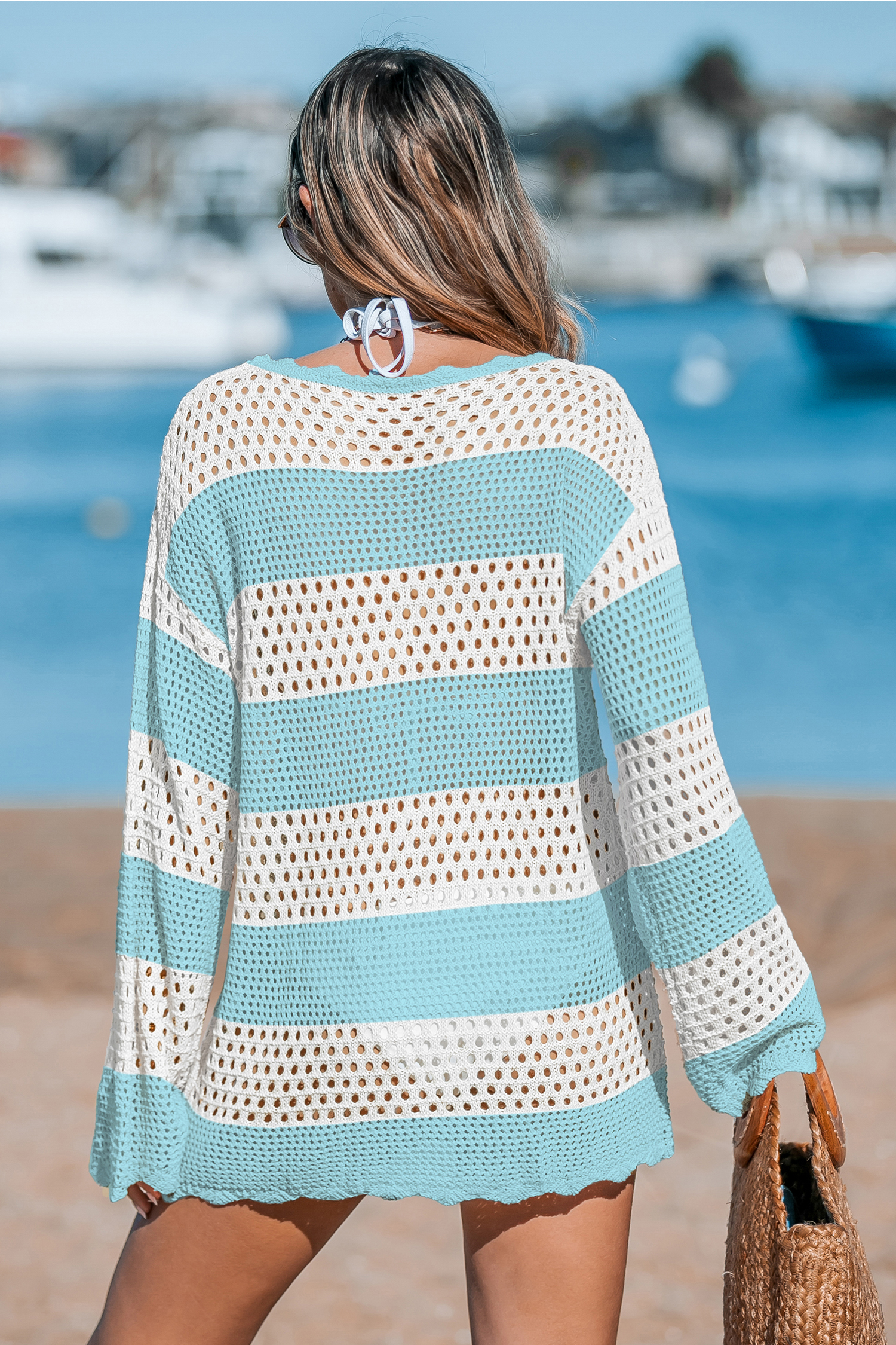 Blau Gestreiftes Rundhals Langarm Mini-Strick-Strandkleid