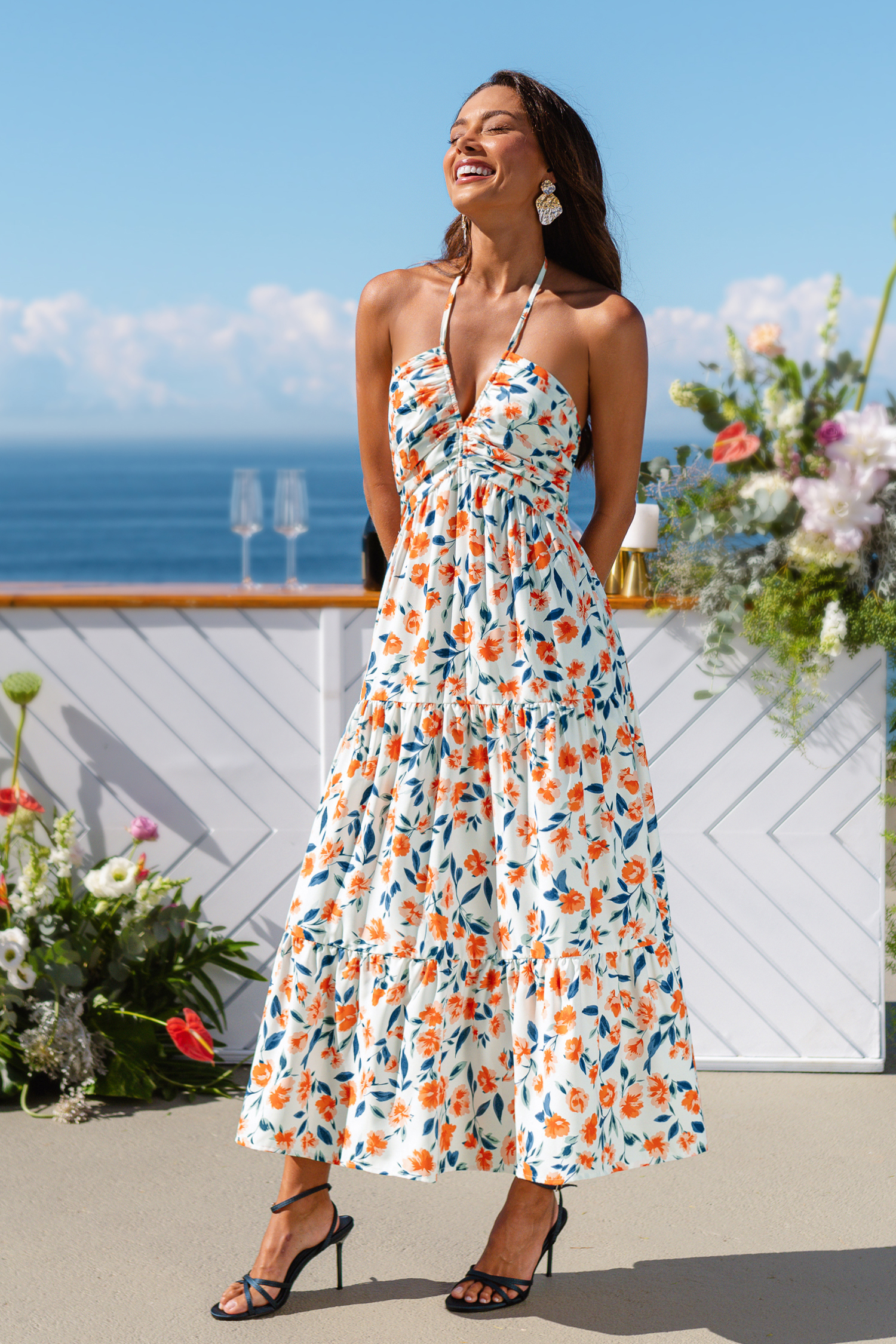 Geblümtes Ärmelloses Tiefer Ausschnitt Maxi-Trägerkleid