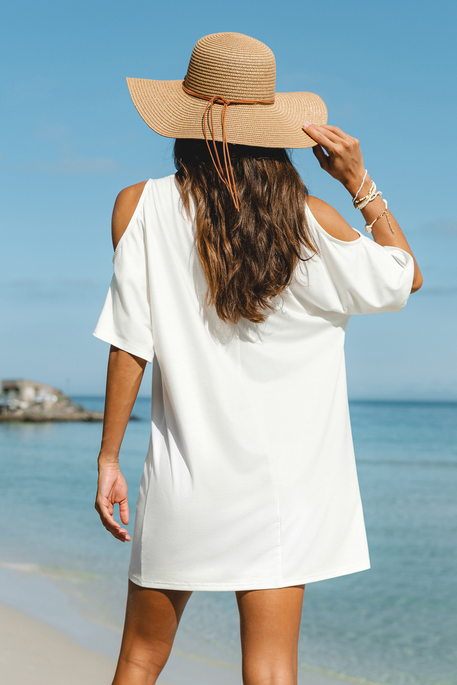 Weißes Geo V-Ausschnitt Kurzarm Cutout Mini-Strandkleid