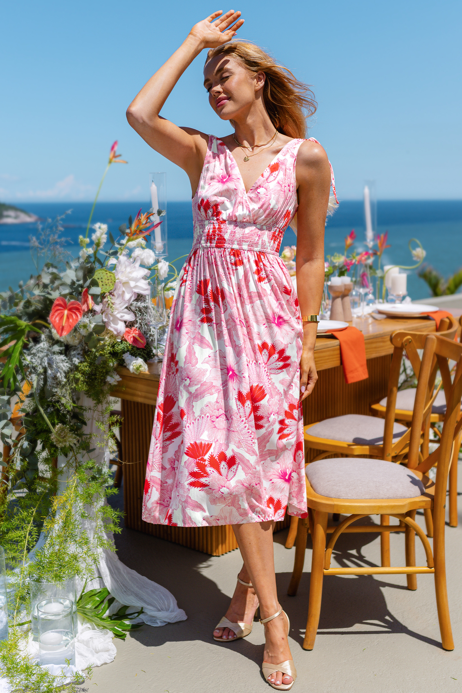 Rosa Paisley Ärmelloses Midi-Cocktailkleid in Wickeloptik