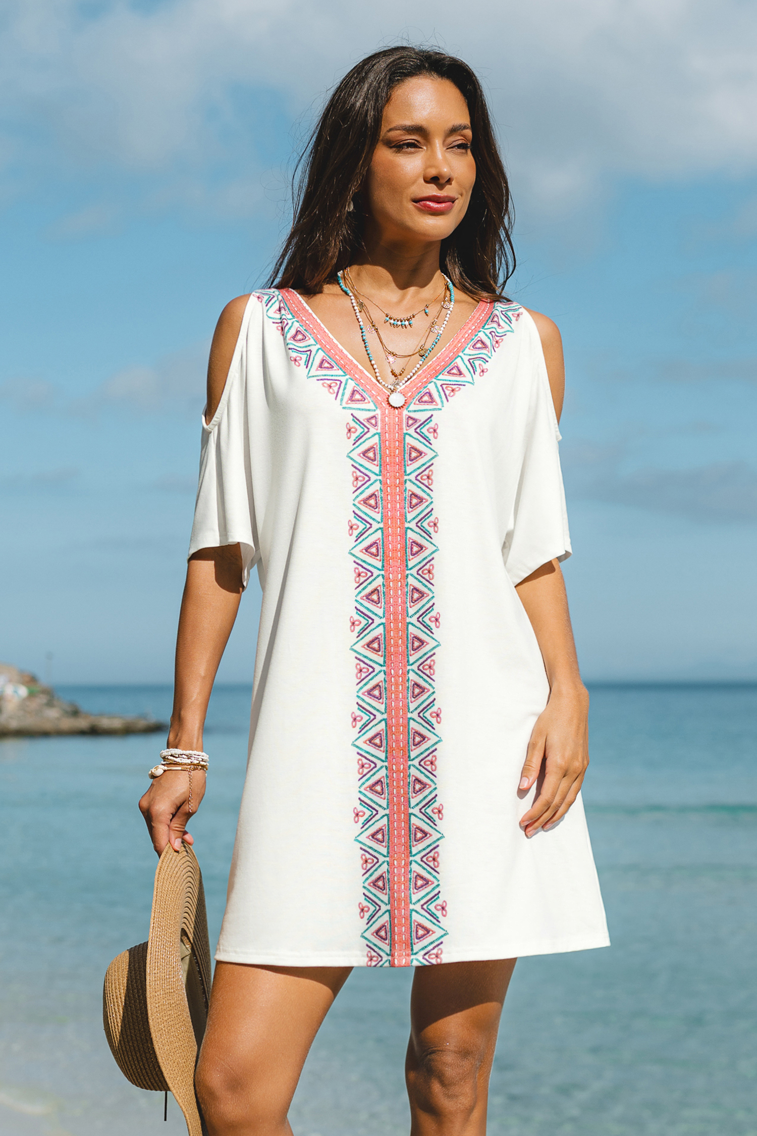 Weißes Geo V-Ausschnitt Kurzarm Cutout Mini-Strandkleid